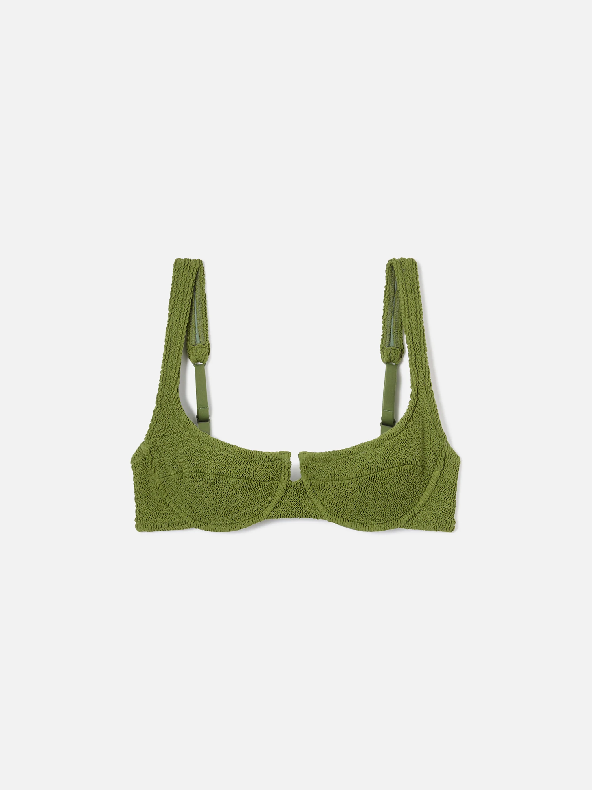 Amira balconette bikini top in military green crinkle fabric