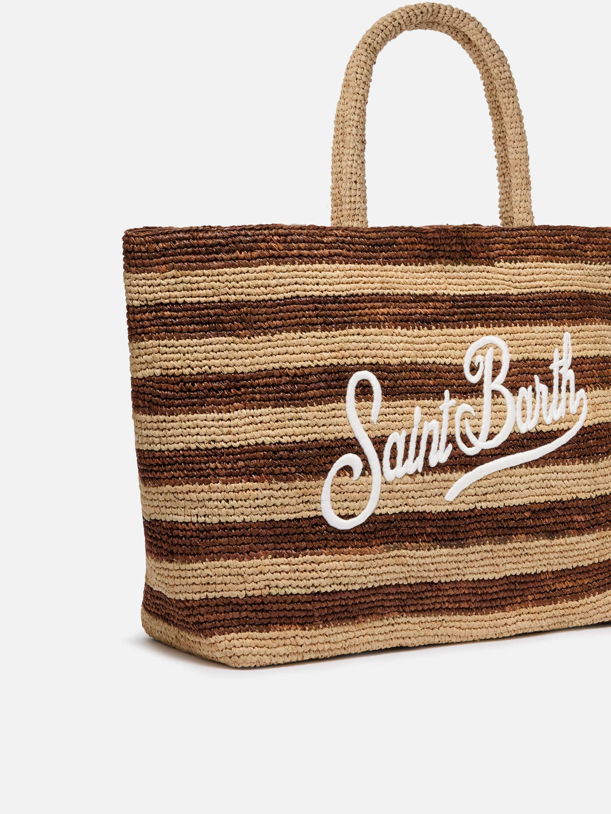Beach raffia bag with brown stripes and embroidered logo - Image 3