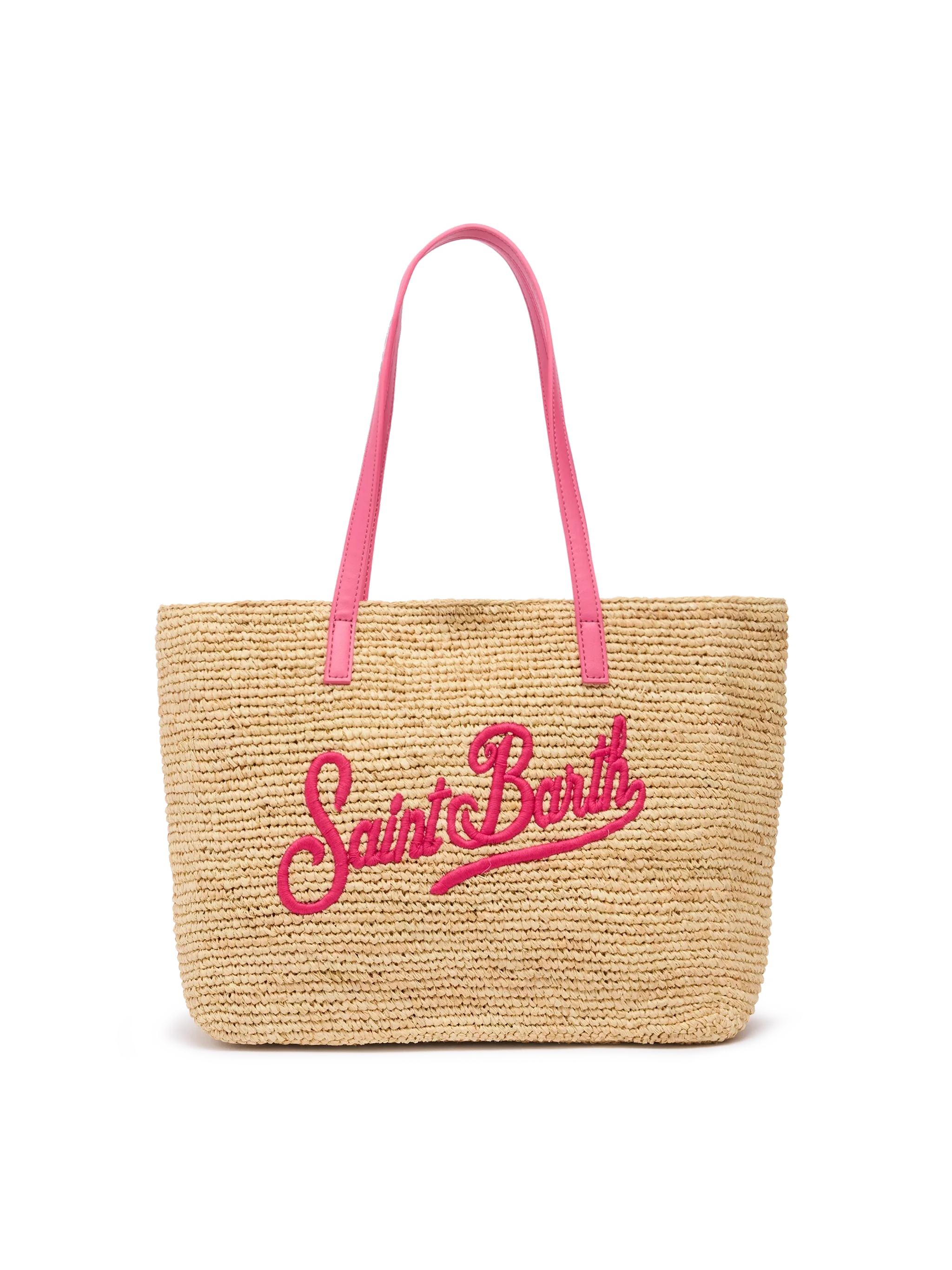 Beige Raffia City Mid bag with Saint Barth embroidered logo