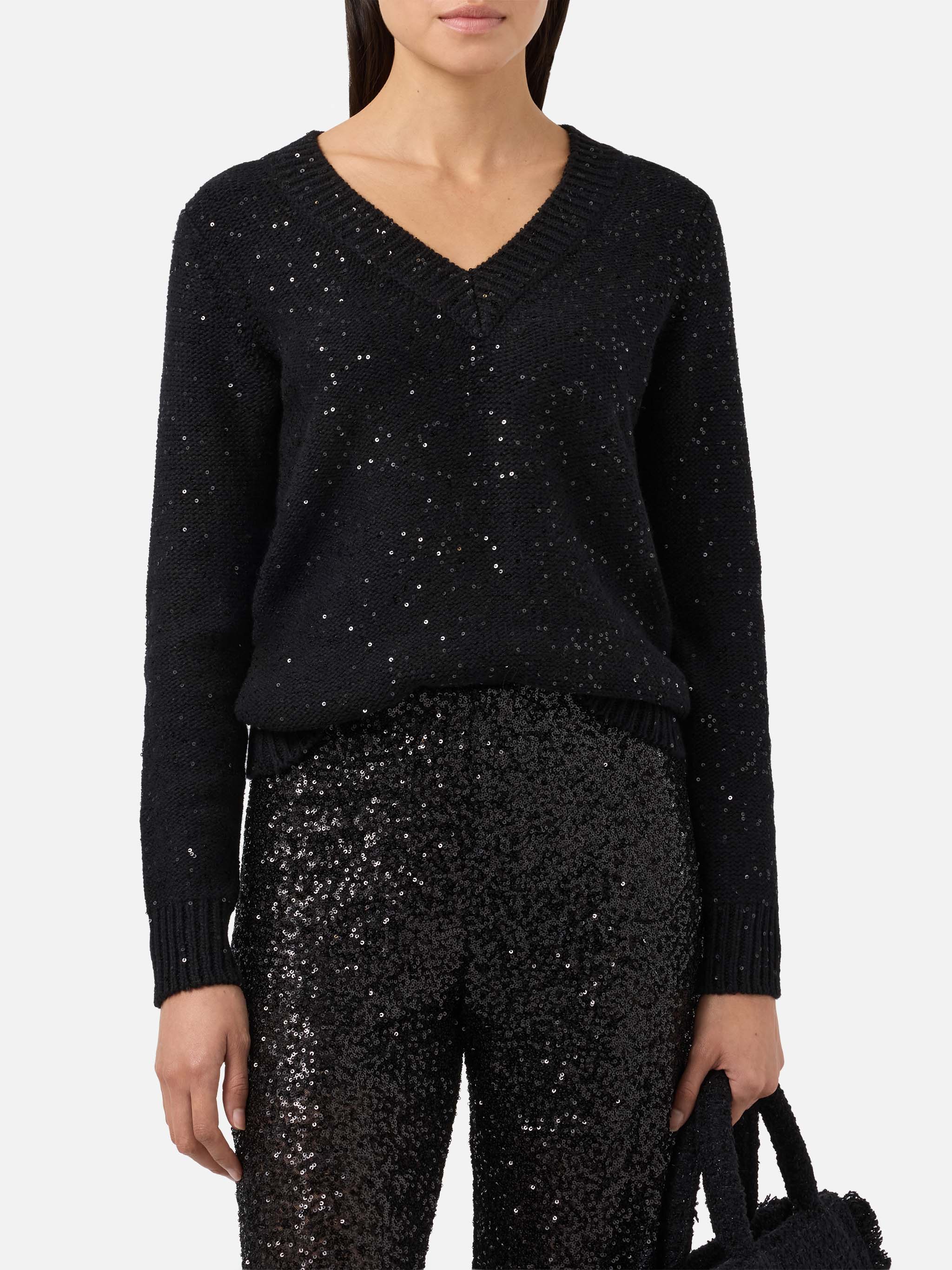Black V-neck sweater with sequins