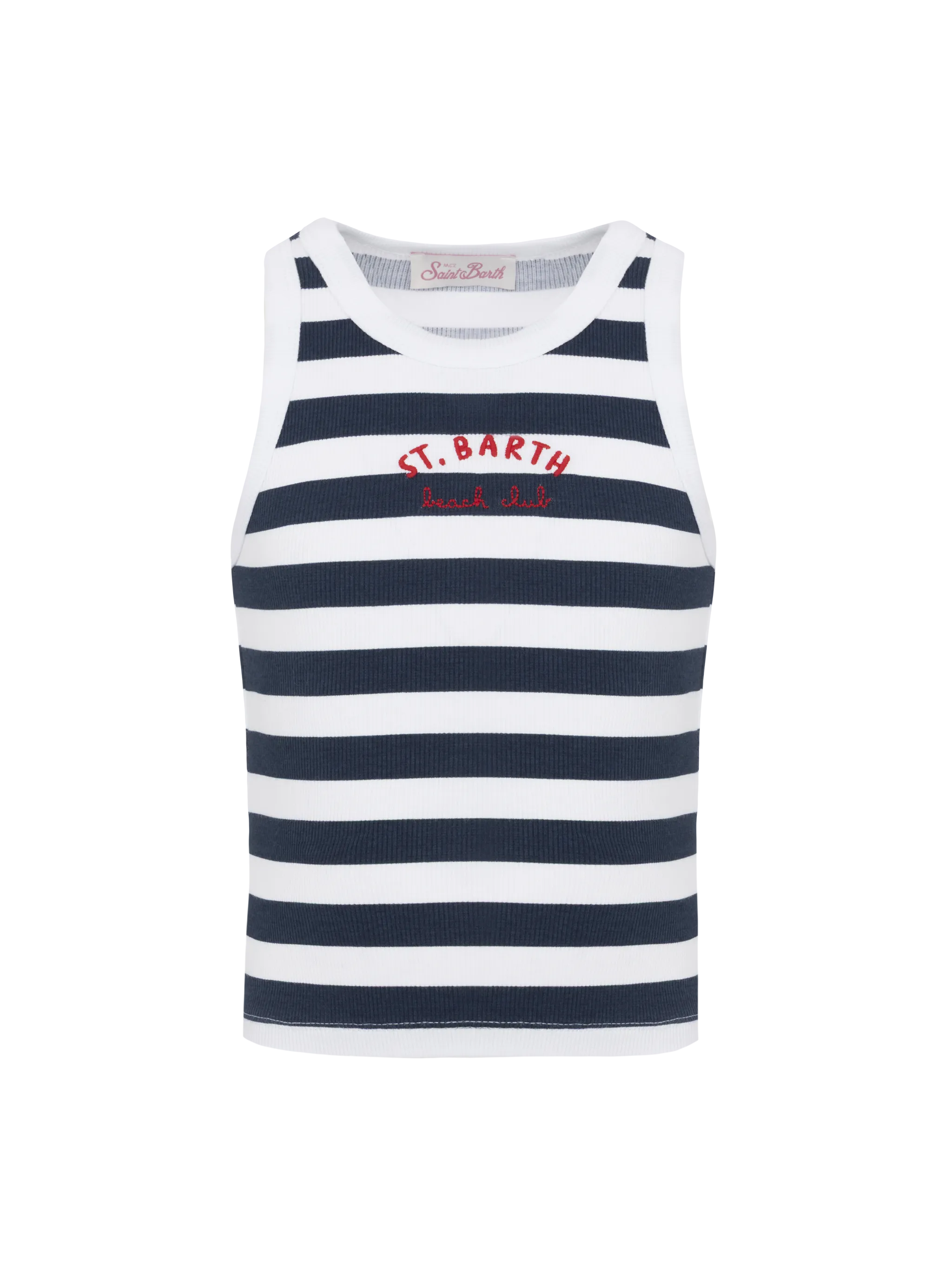 Blue Jr navy blue striped rib-knit cotton crop tank with embroidery