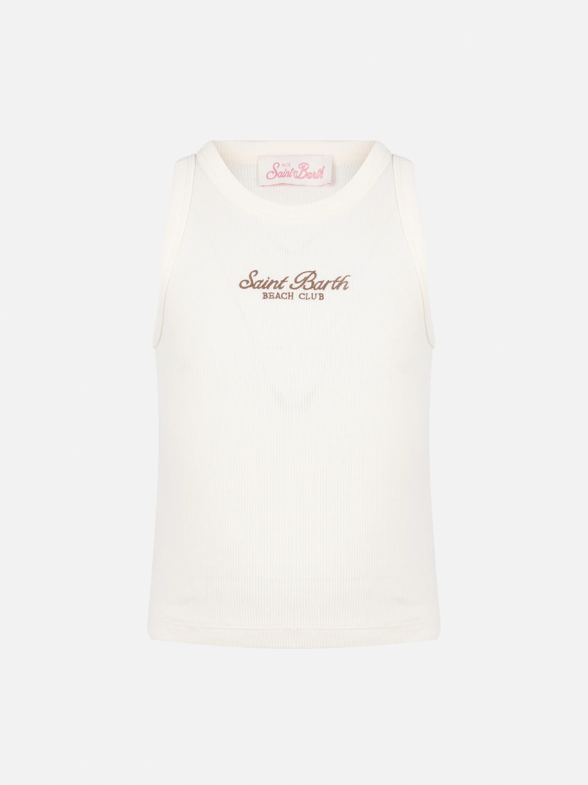 Blue Jr off-white rib-knit cotton crop tank with embroidery