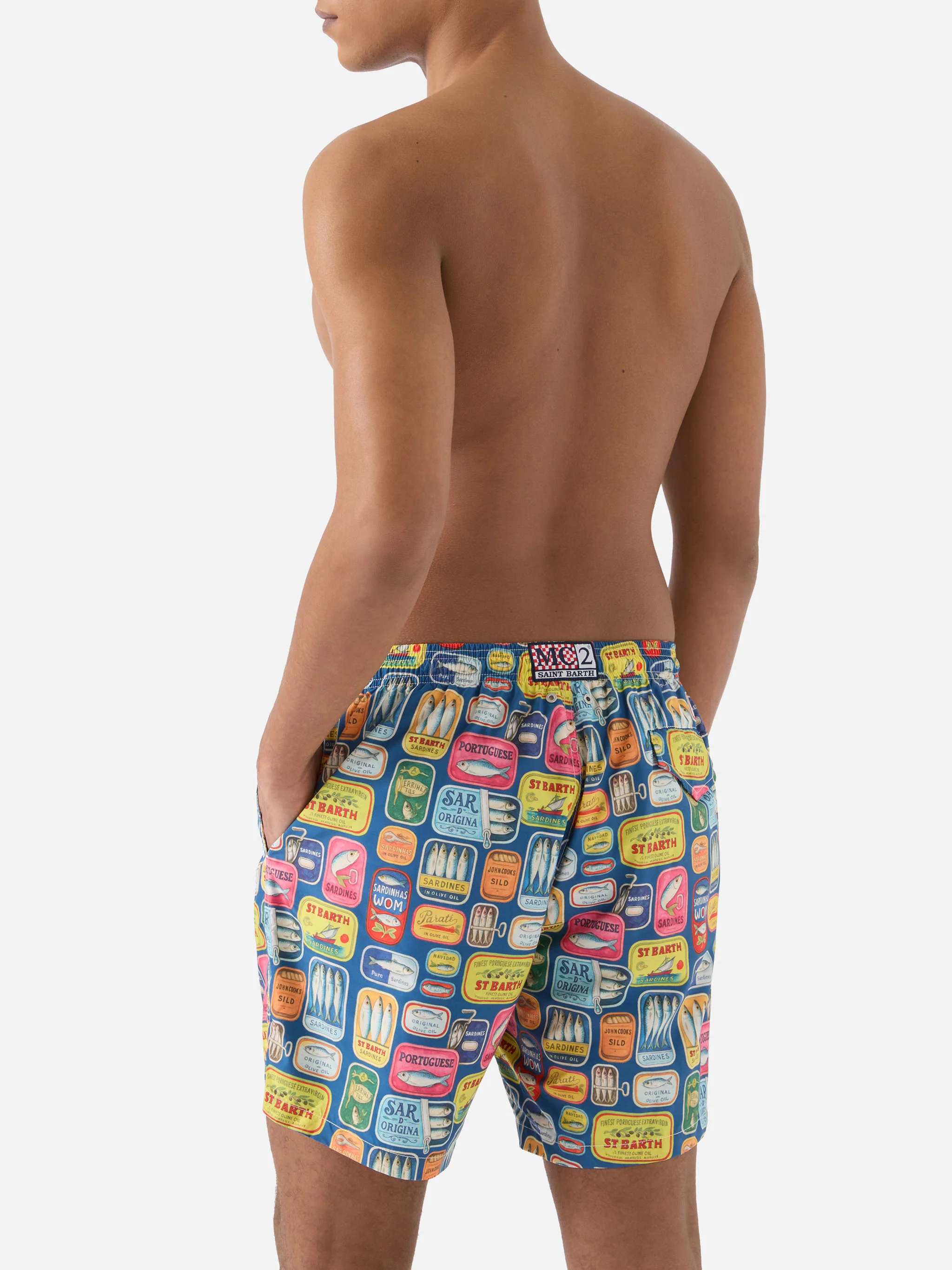 Blue Lighting swim shorts with all-over sardine tins print - Image 5