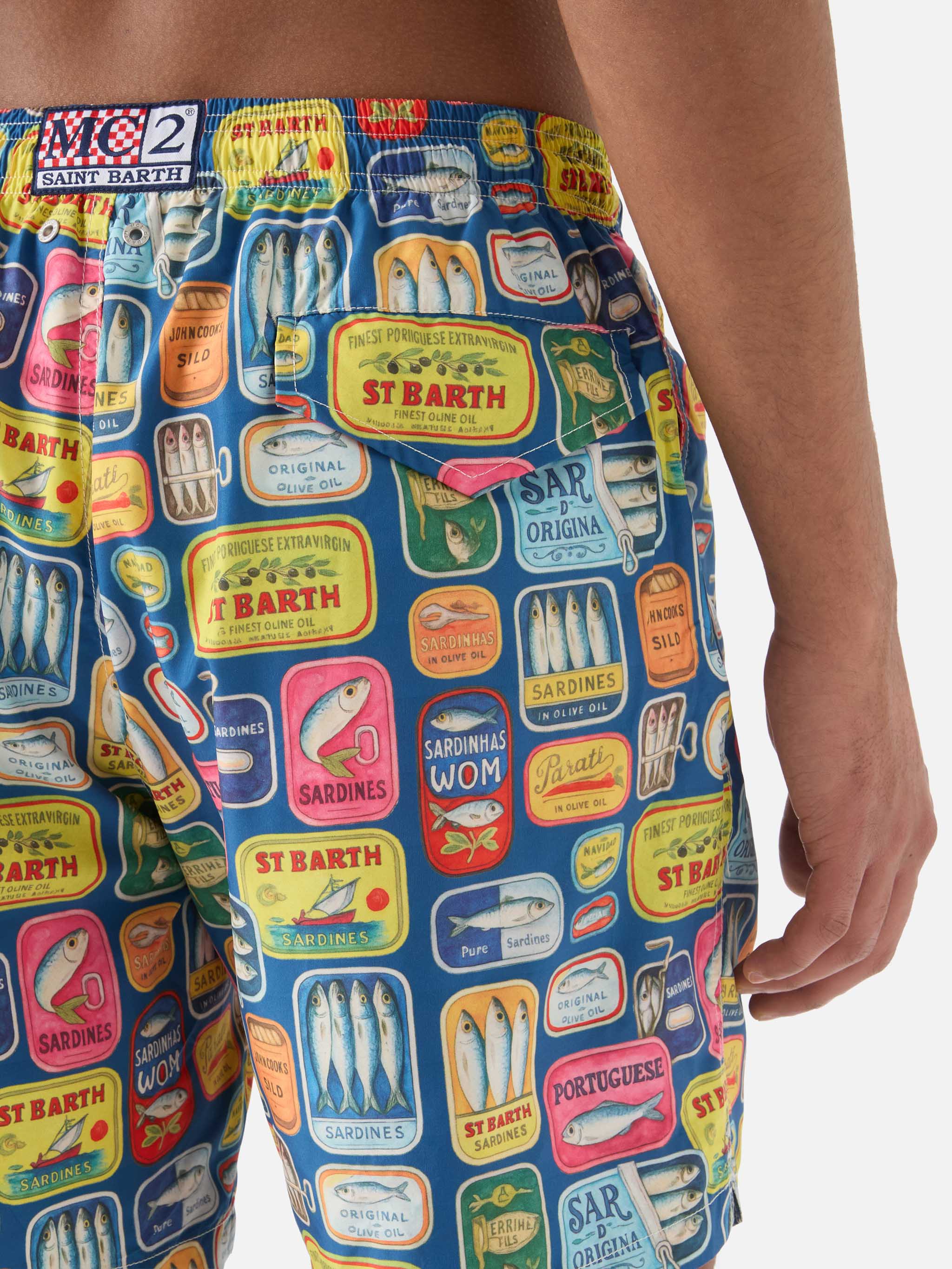 Blue Lighting swim shorts with all-over sardine tins print - Image 6