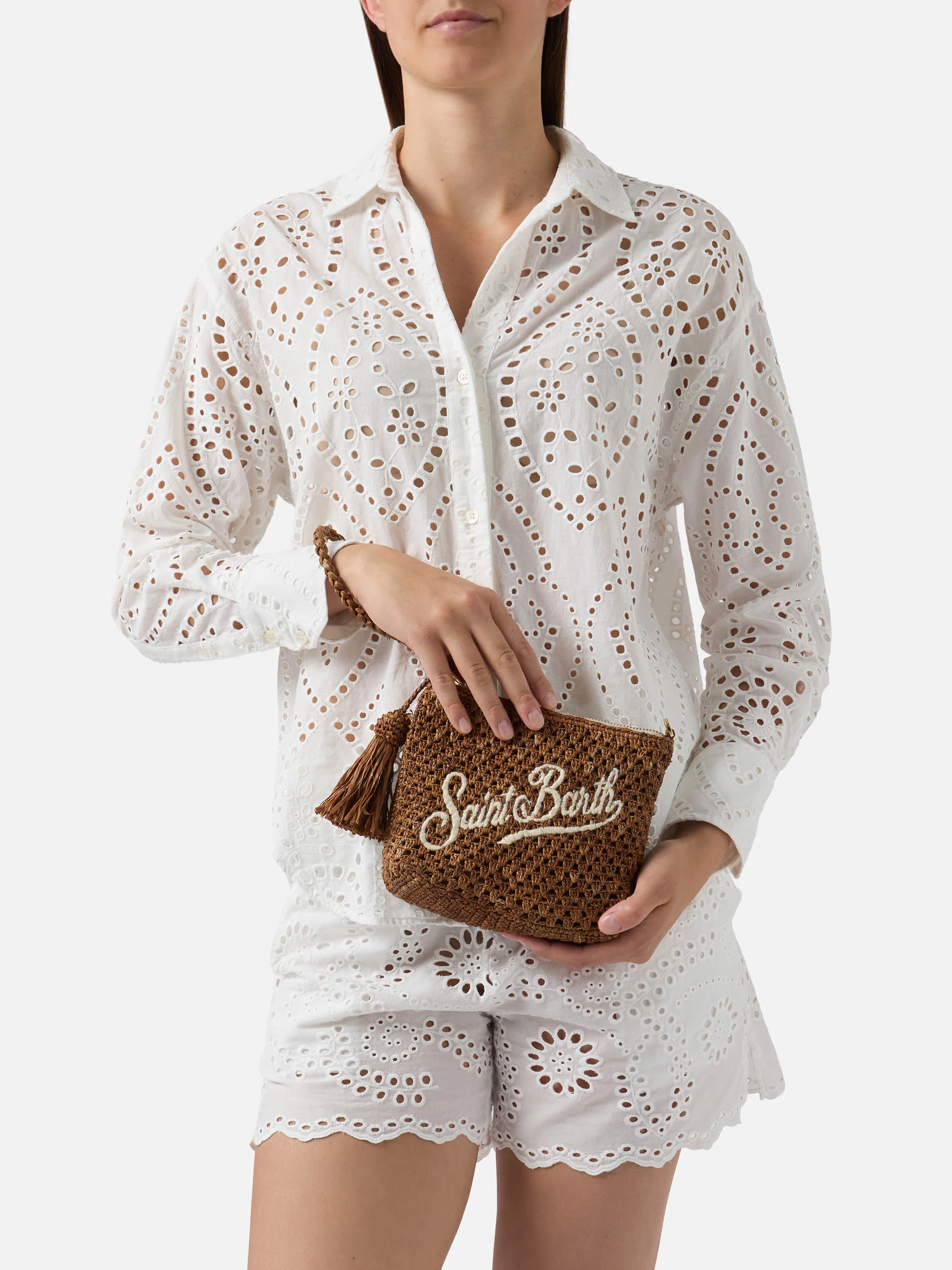 Brown Raffia pouch with embroidered logo - Image 2