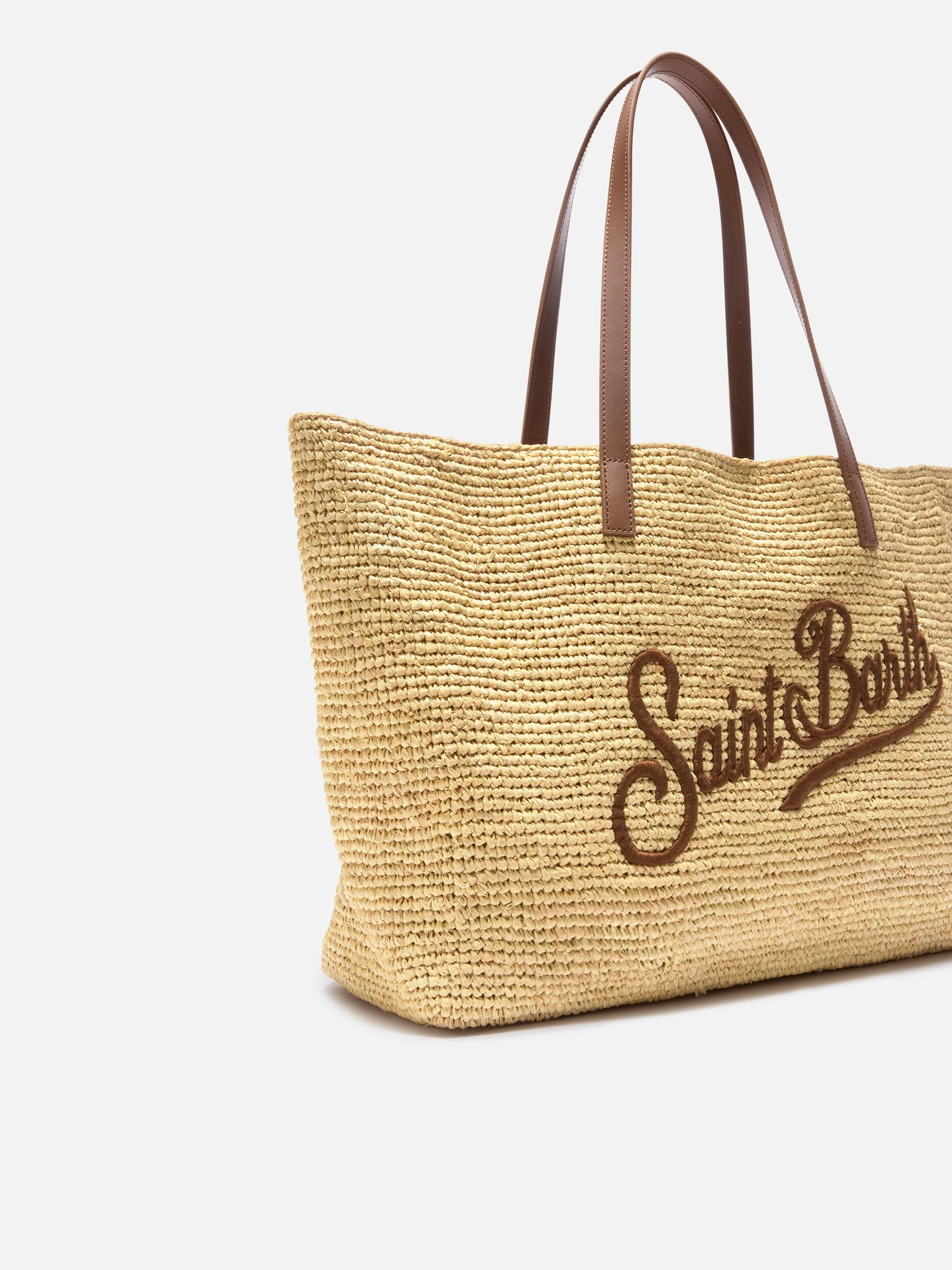 City raffia bag with genuine leather handles and embroidered logo - Image 3