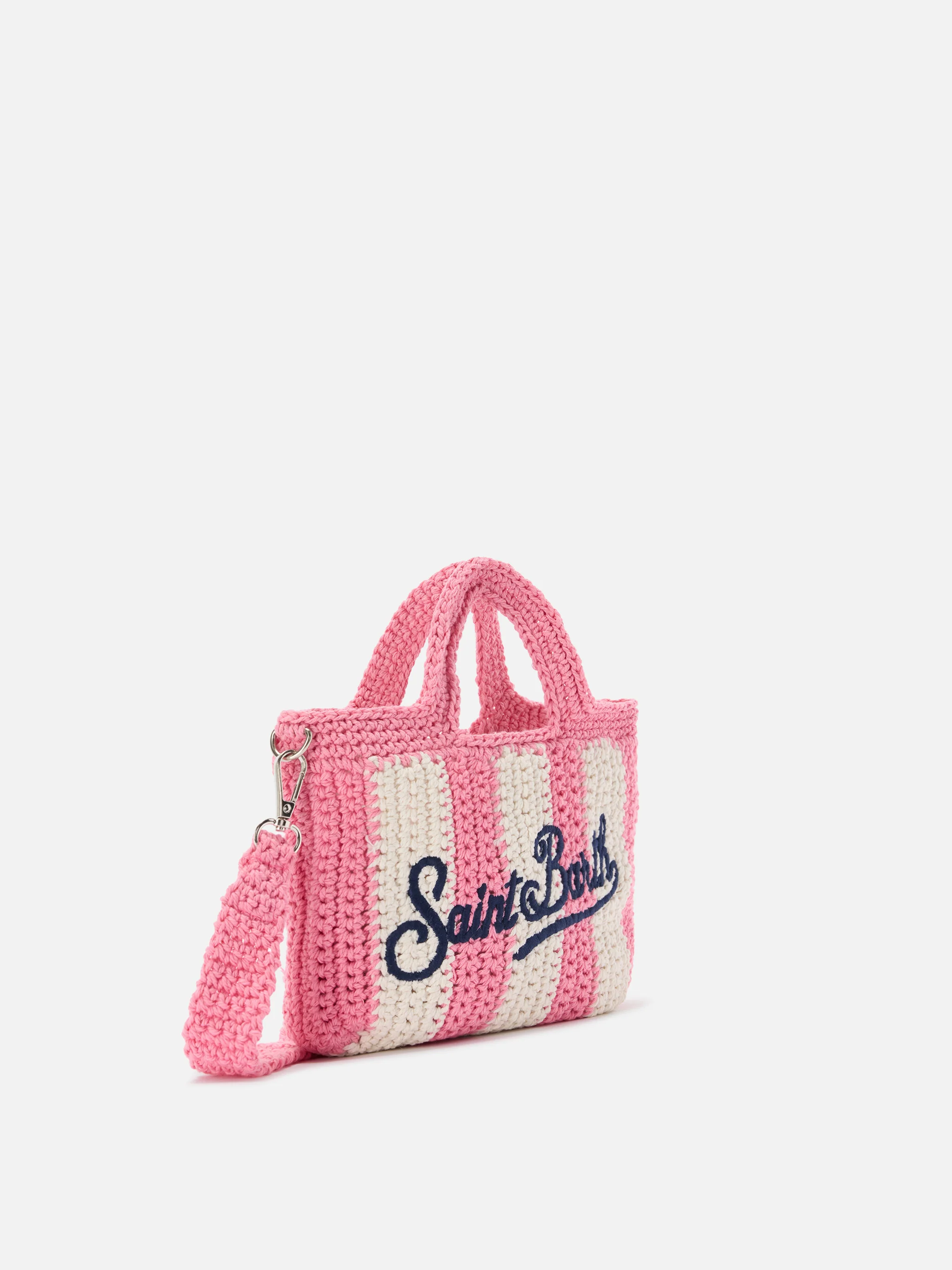 Crochet Mini bag with pink striped pattern and embroidered logo - Image 3