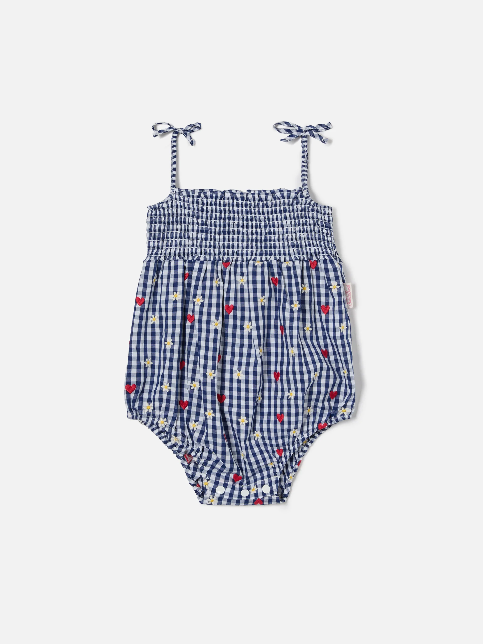 Dudu short romper in yarn dyed vichy with all over embroidery