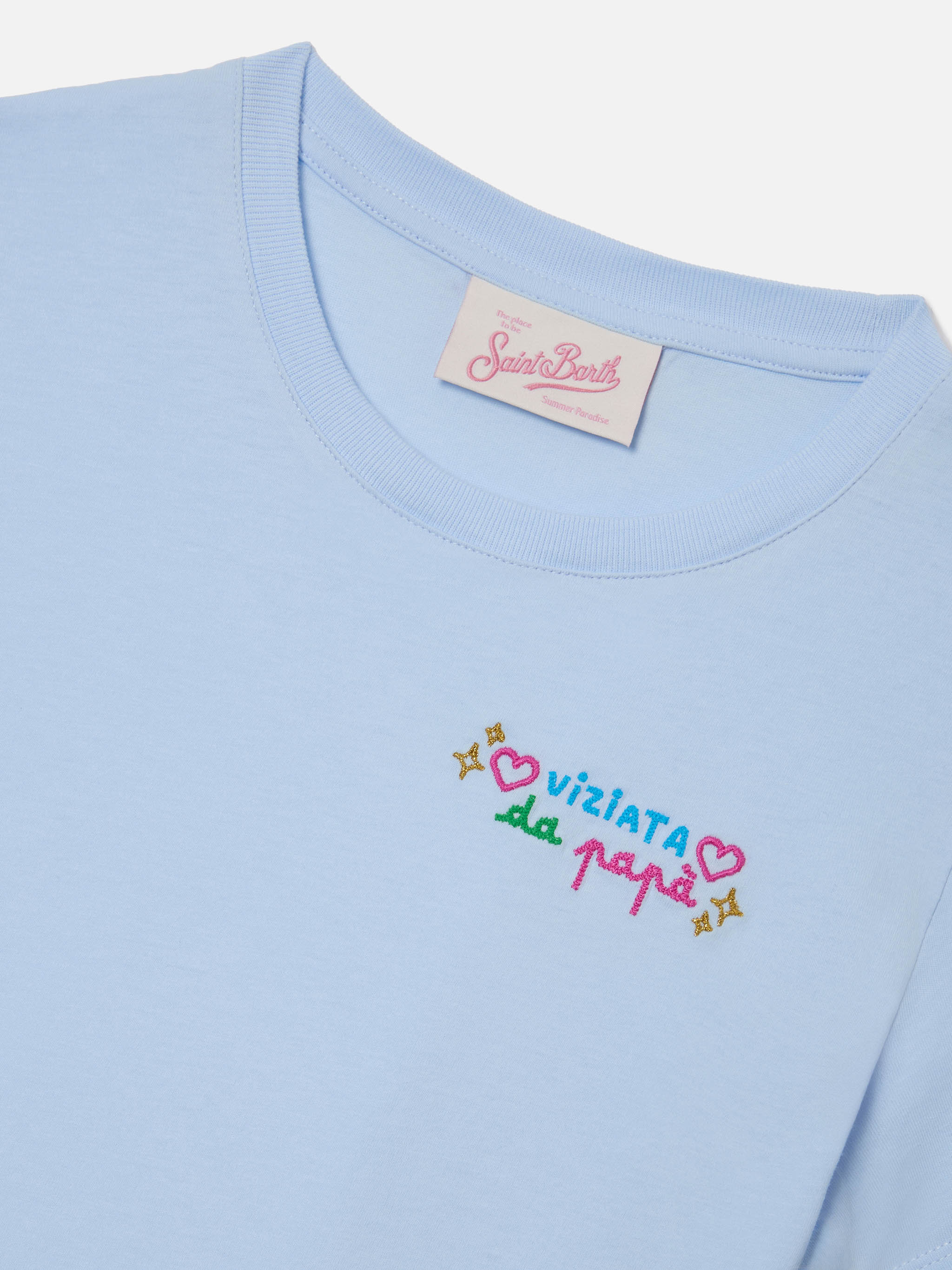 Elly T-shirt in light blue cotton with Viziata da papà embroidery - Image 3
