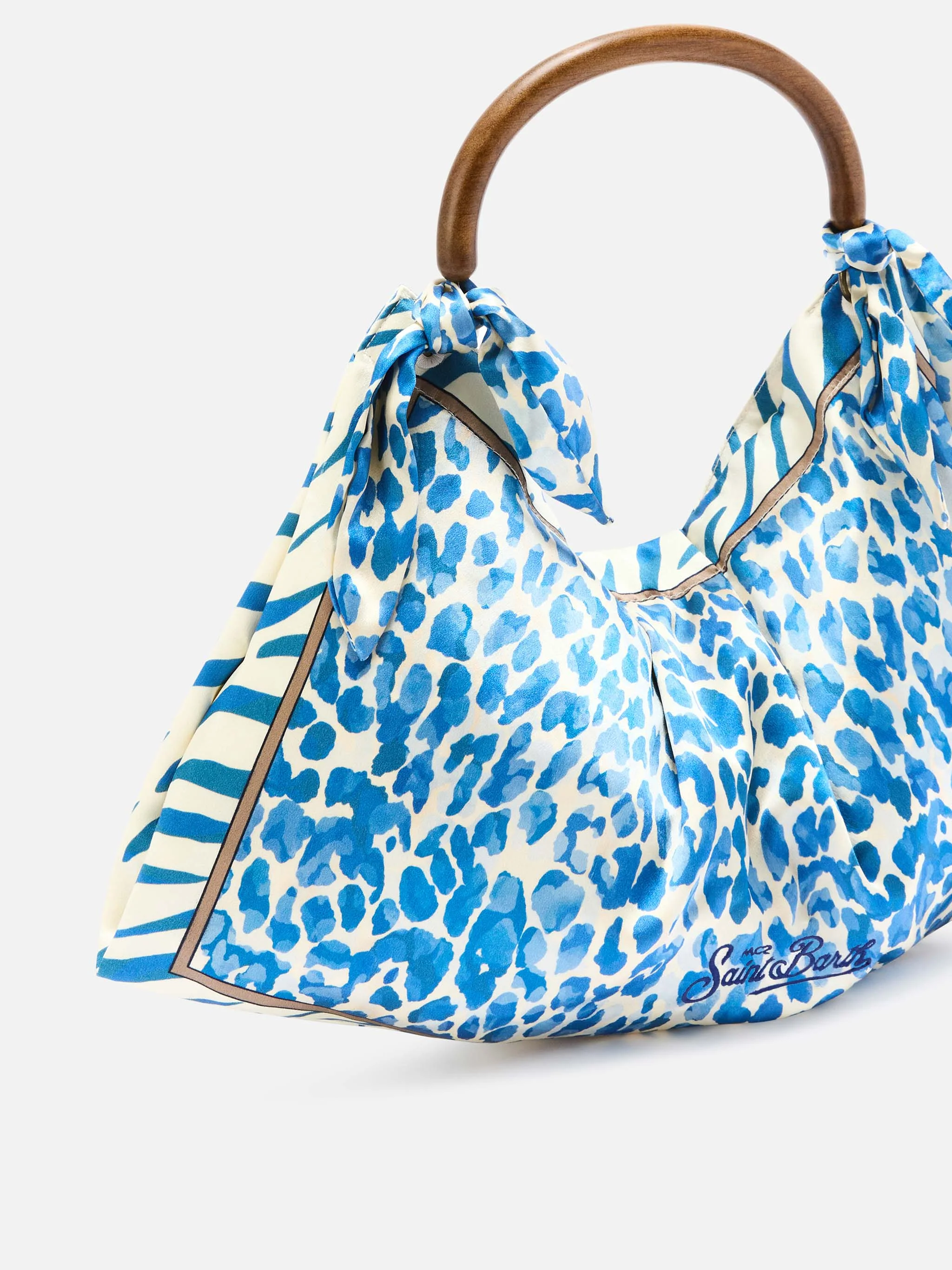 Foulard silk bag with wooden handle and animal print - Image 2