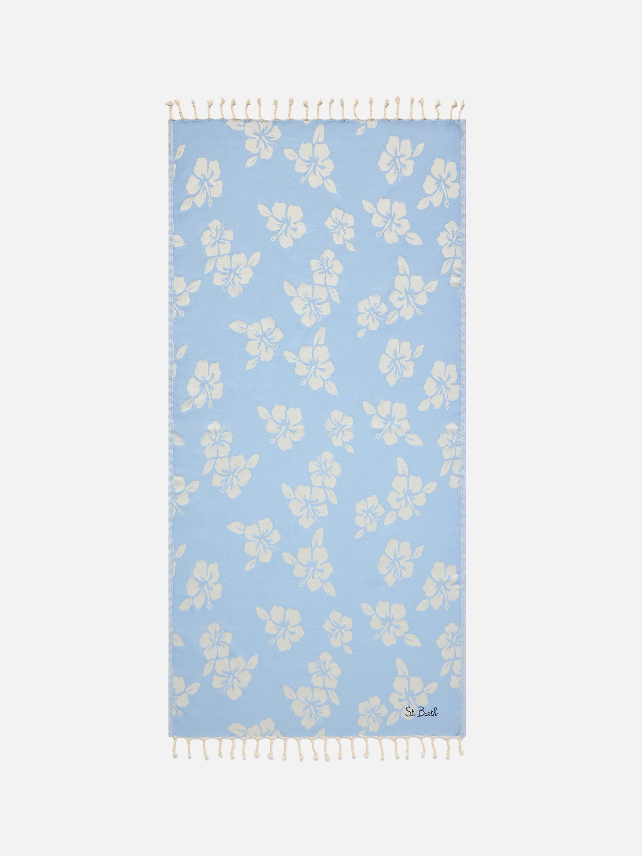 Foutas cotton Jaquard light blue beach towel with hibiscus pattern
