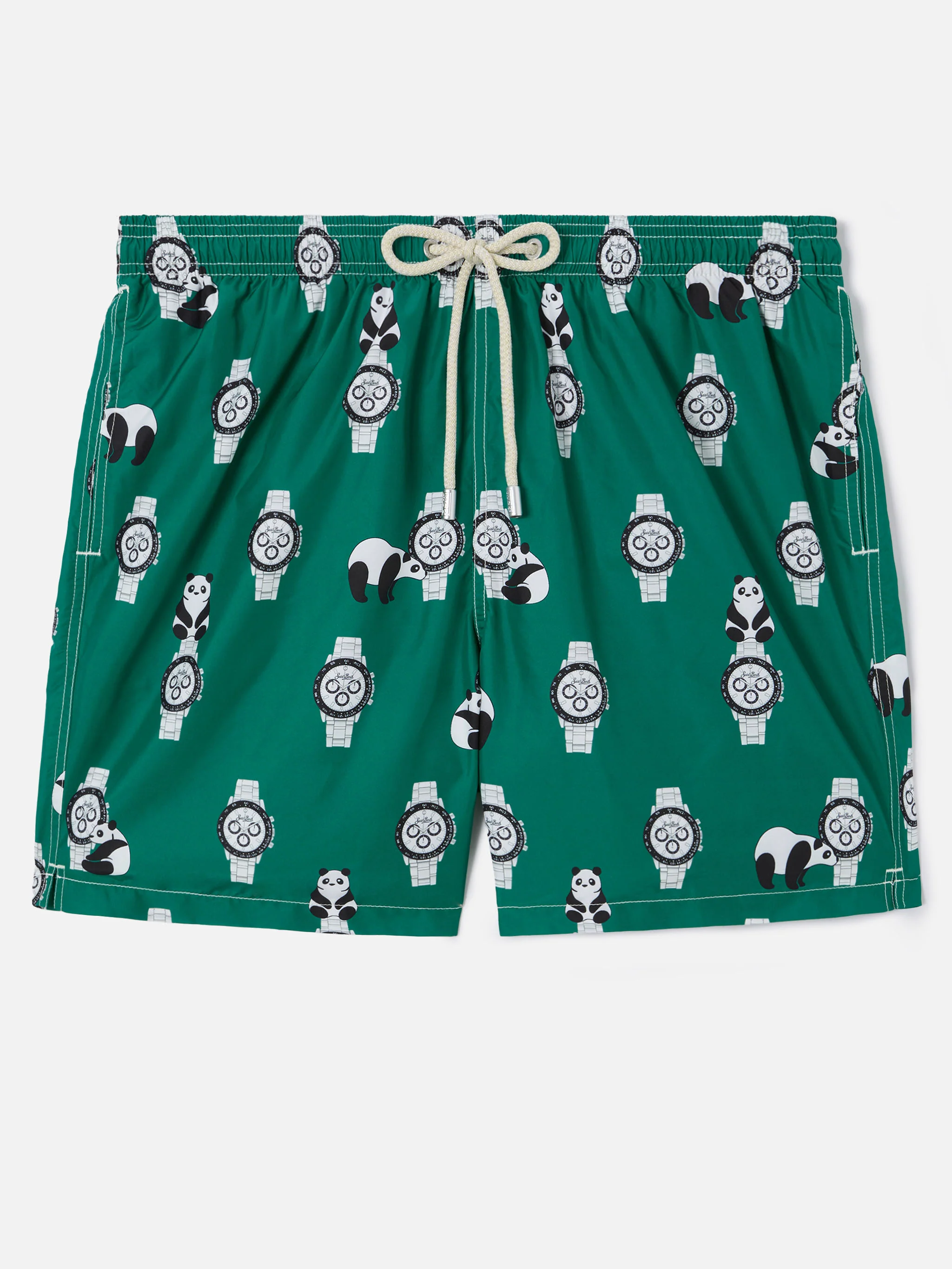 Green Lighting swim shorts with all-over panda and watches print