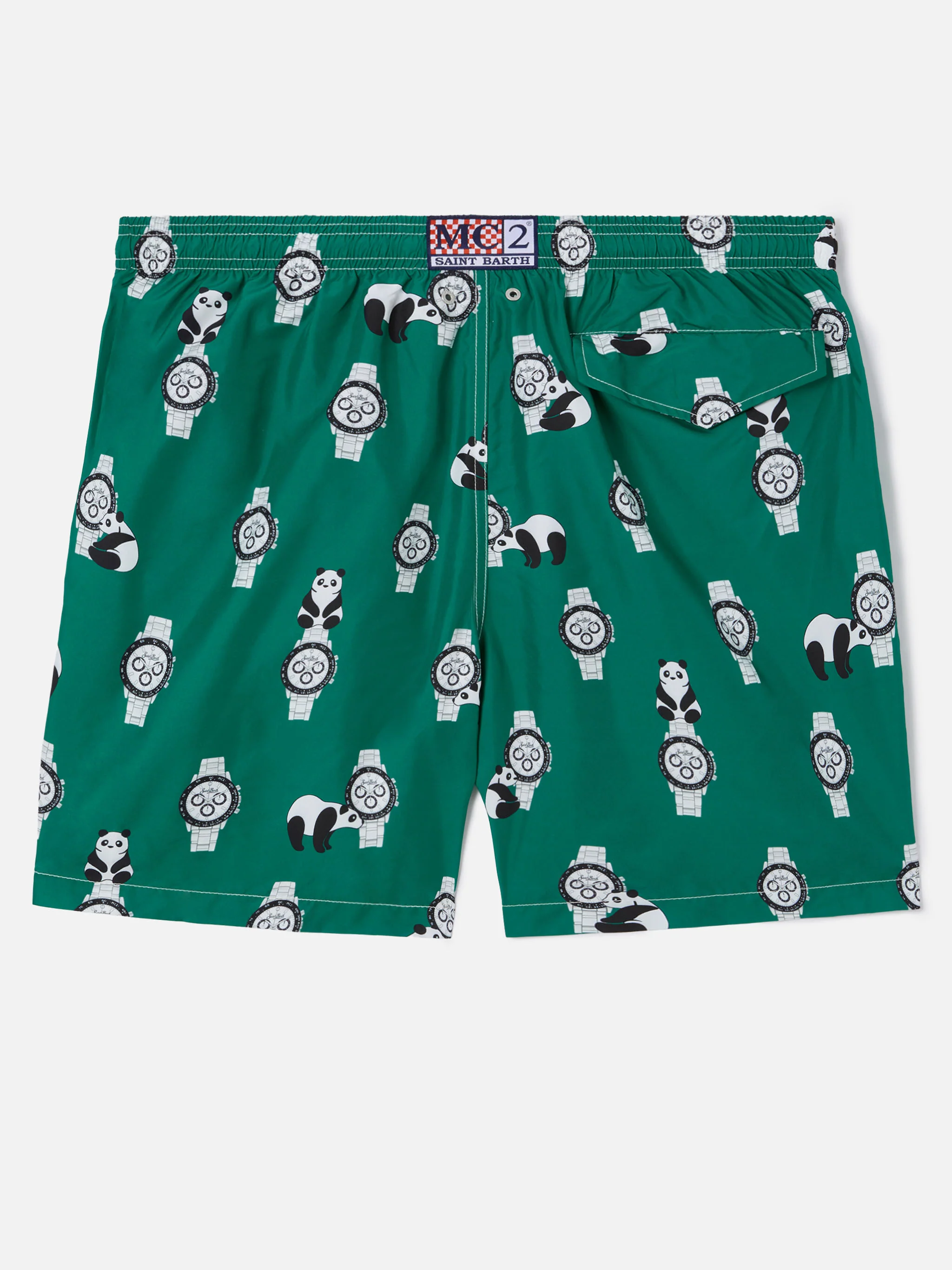 Green Lighting swim shorts with all-over panda and watches print - Image 2