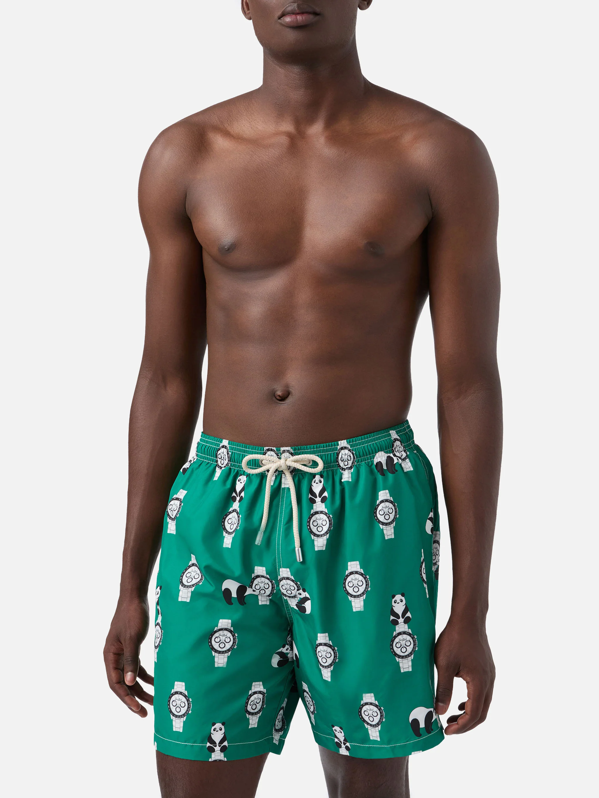 Green Lighting swim shorts with all-over panda and watches print - Image 3