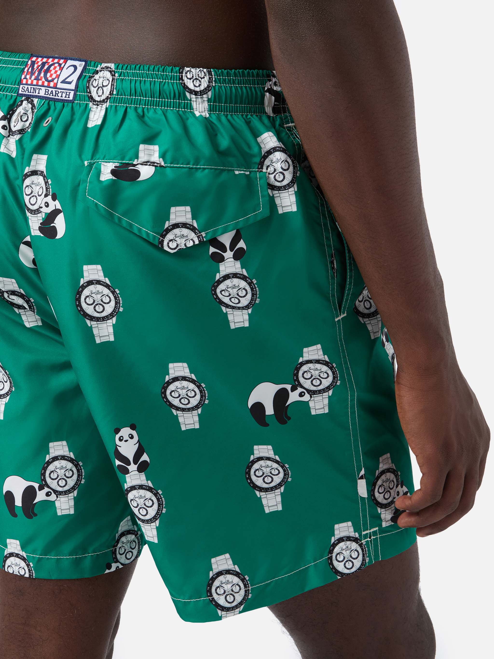 Green Lighting swim shorts with all-over panda and watches print - Image 6