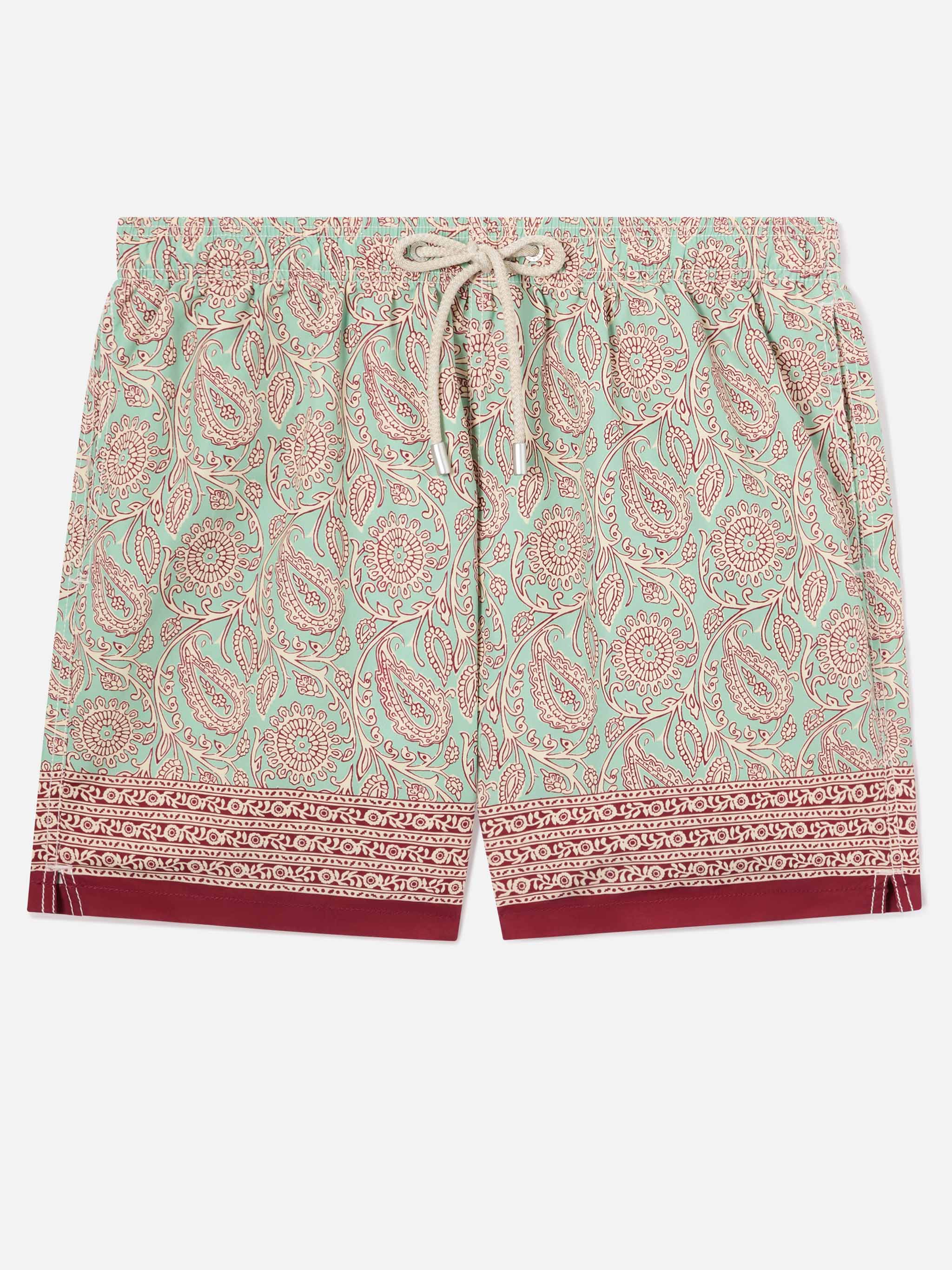 Gustavia aqua green swim shorts with contrasting paisley print