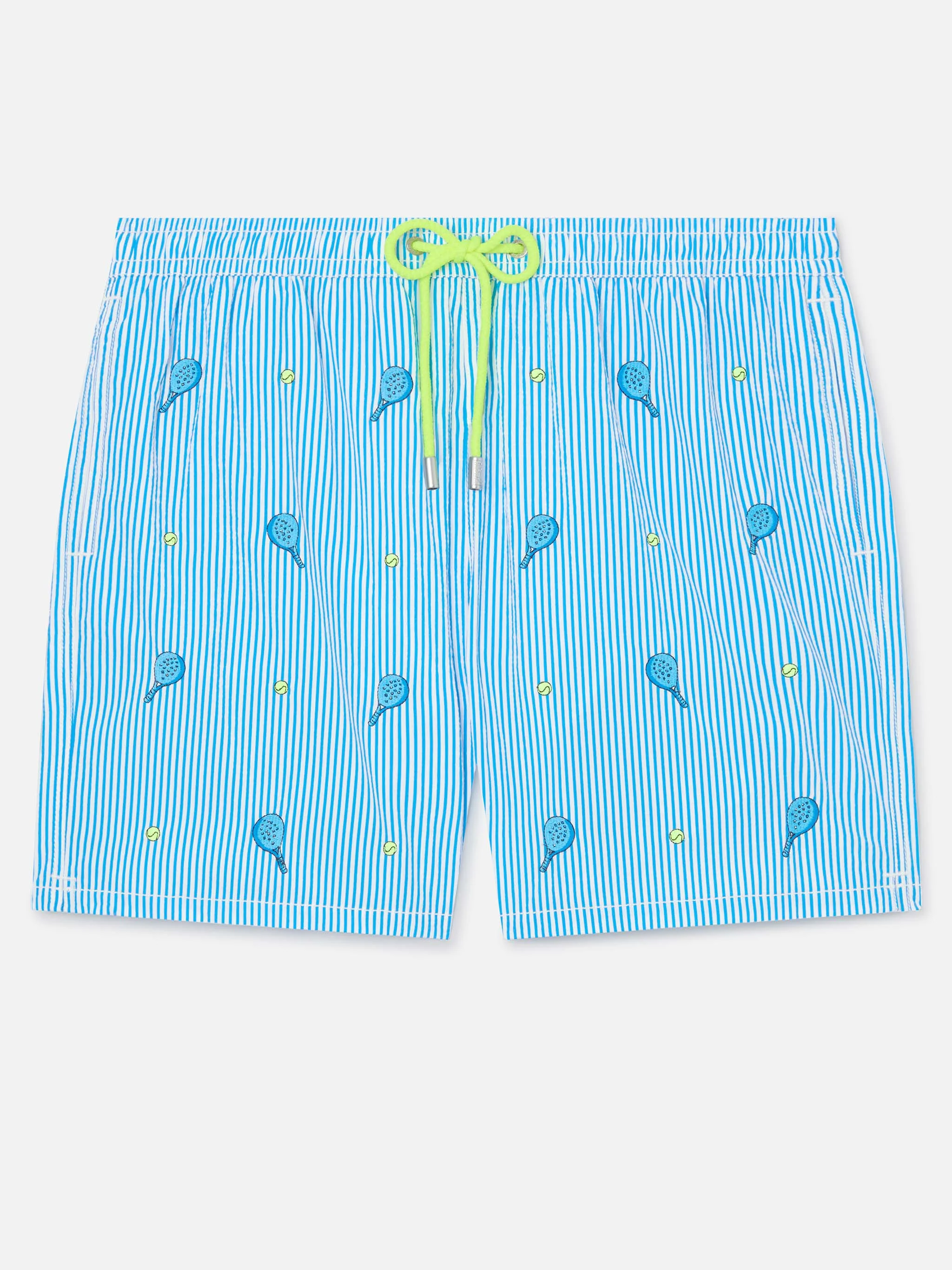 Gustavia seersucker striped swim shorts with embroidery