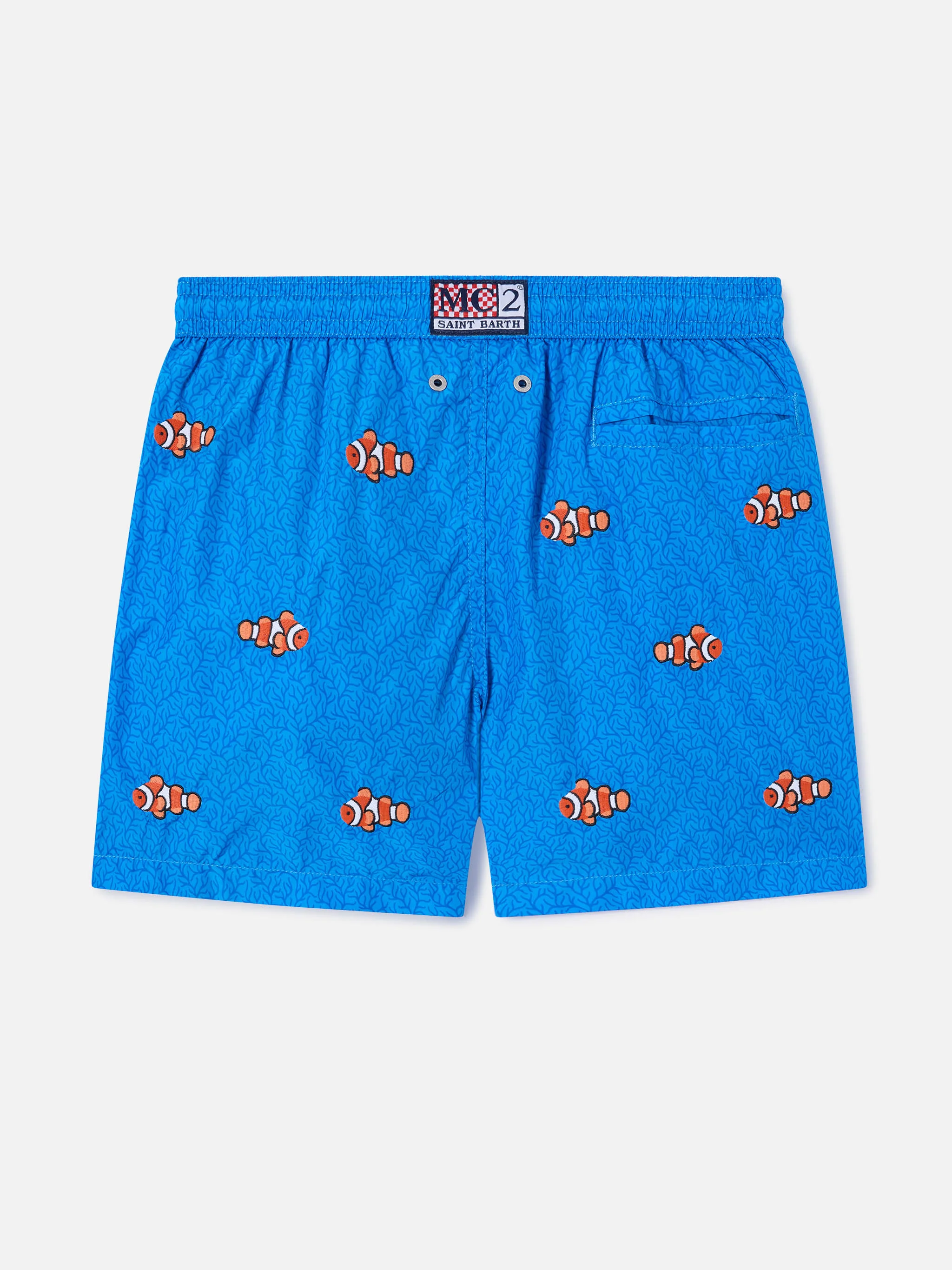 Jean Embroidery swim shorts with Clownfish on coral background - Image 2