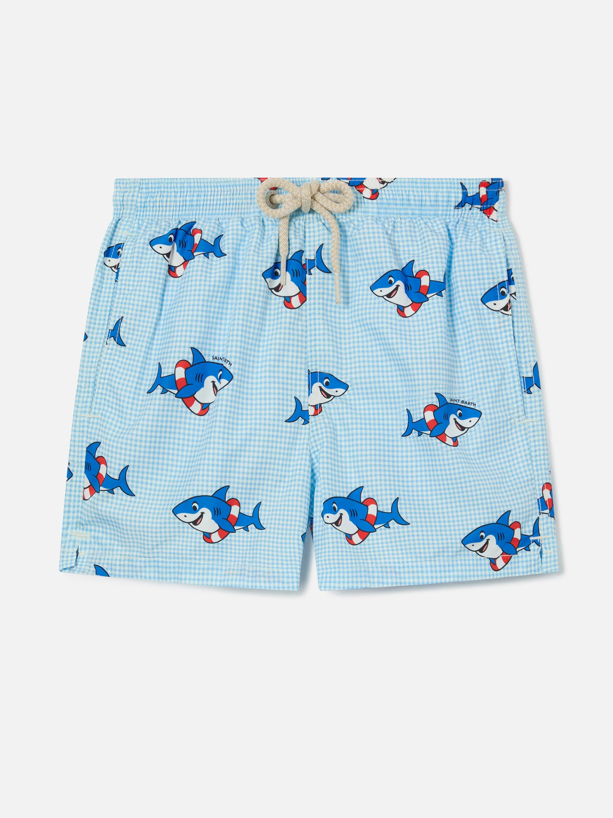 Jean Lighting swim shorts with Shark print on Gingham background