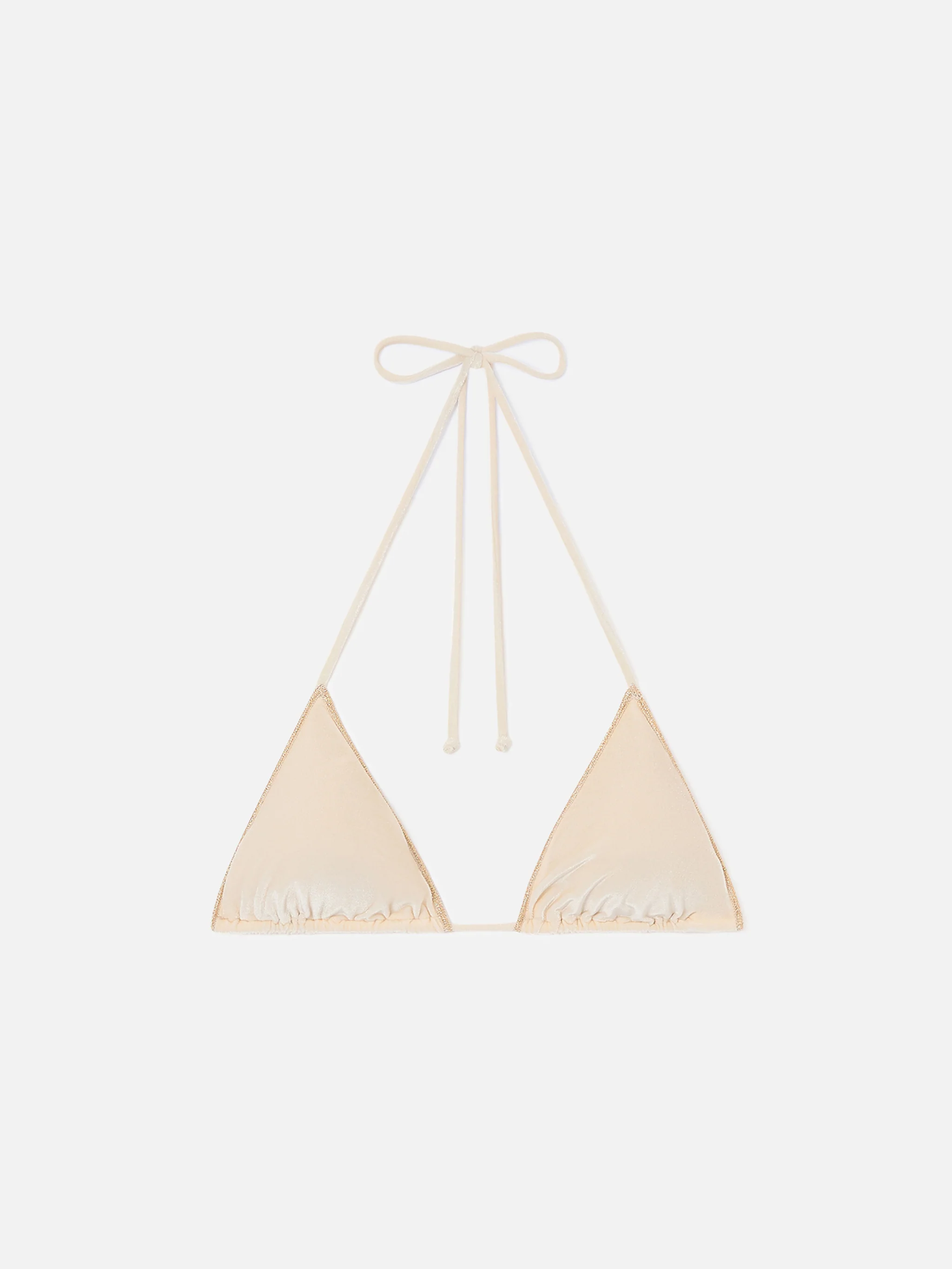 Leah Overlock triangle bikini top in gold velvet