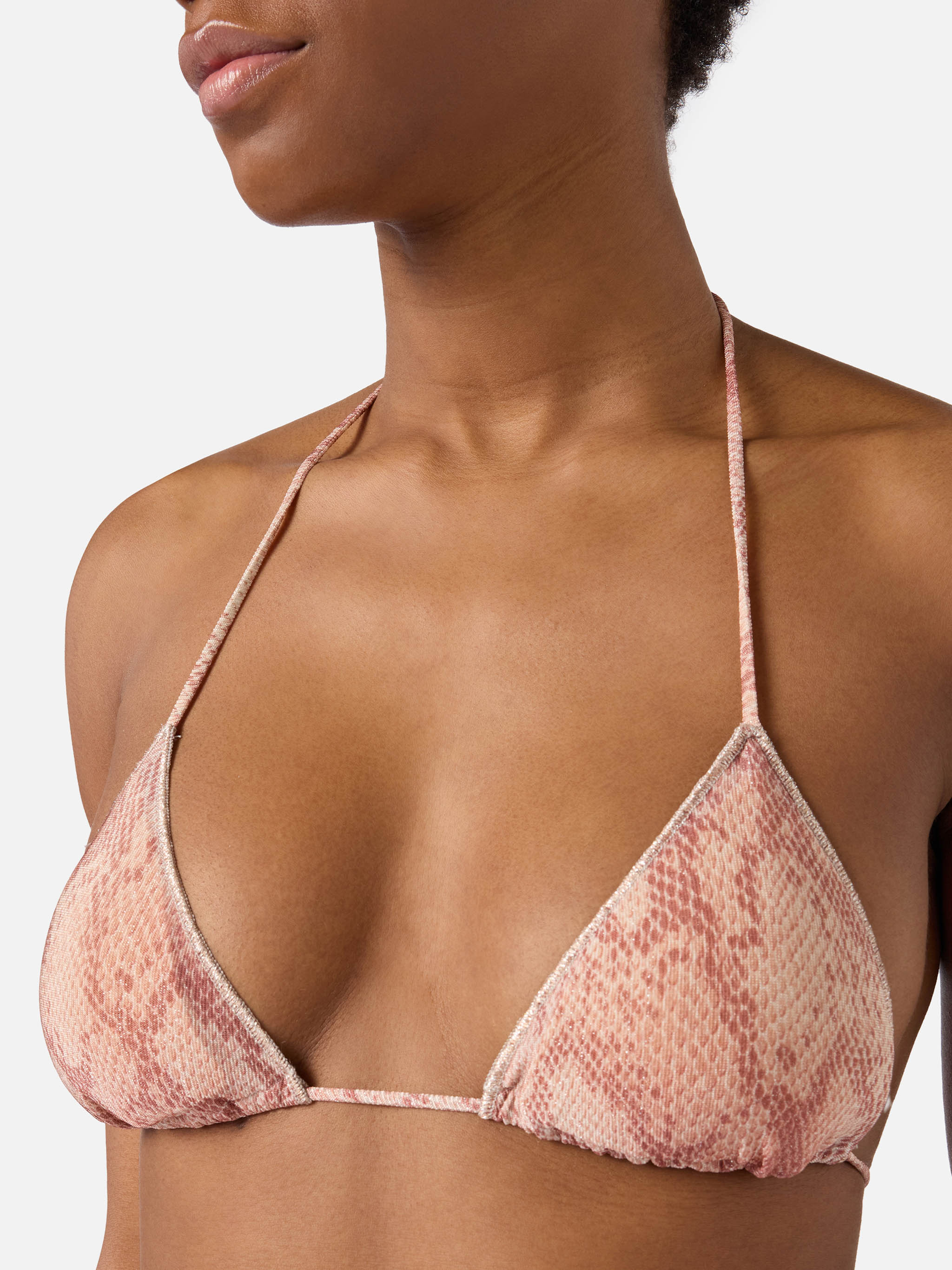 Leah Overlock triangle bikini top in lurex with python print - Image 2