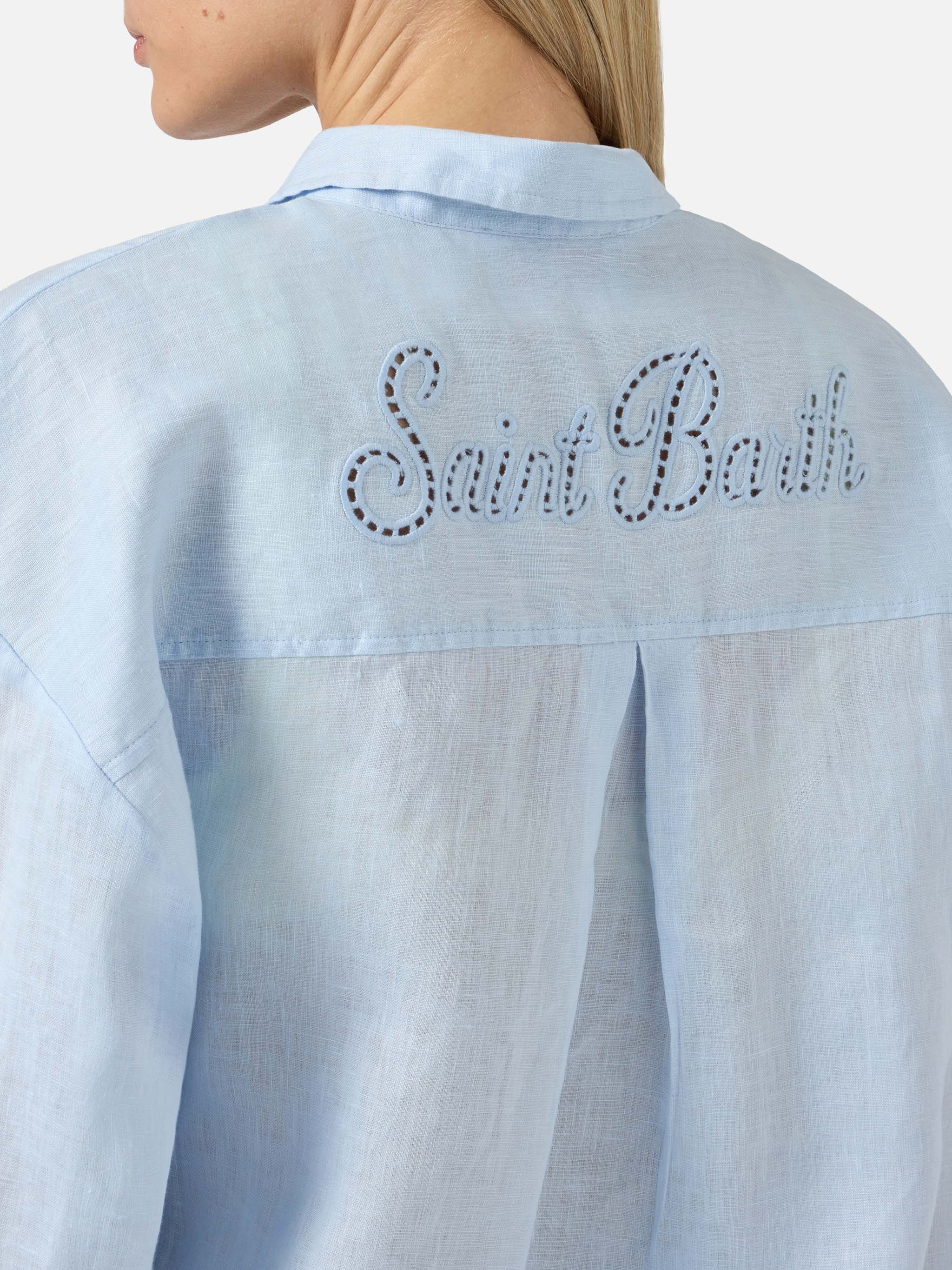 Light blue linen Cristal shirt with perforated Saint Barth embroidery - Image 3