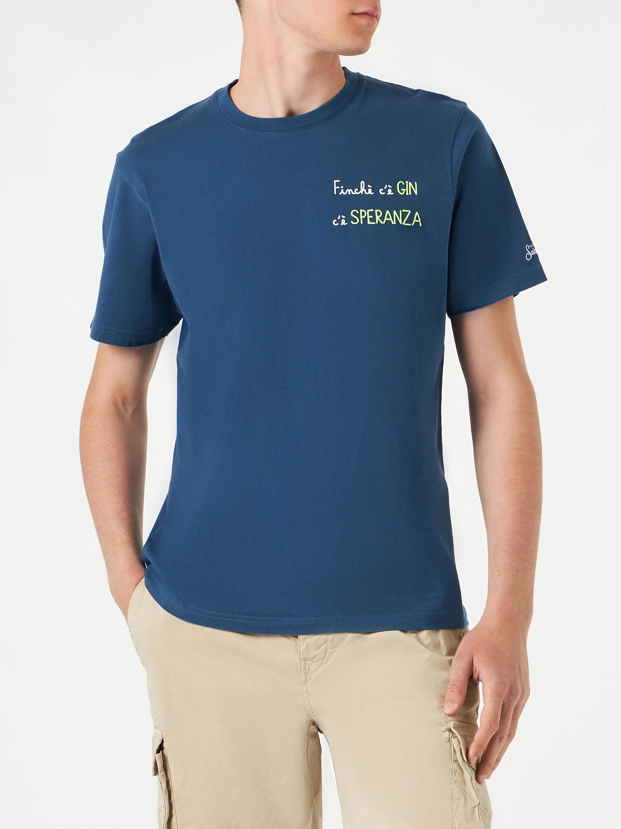 Man cotton t-shirt with finchè c'è GIN c'è SPERANZA embroidery - Image 2
