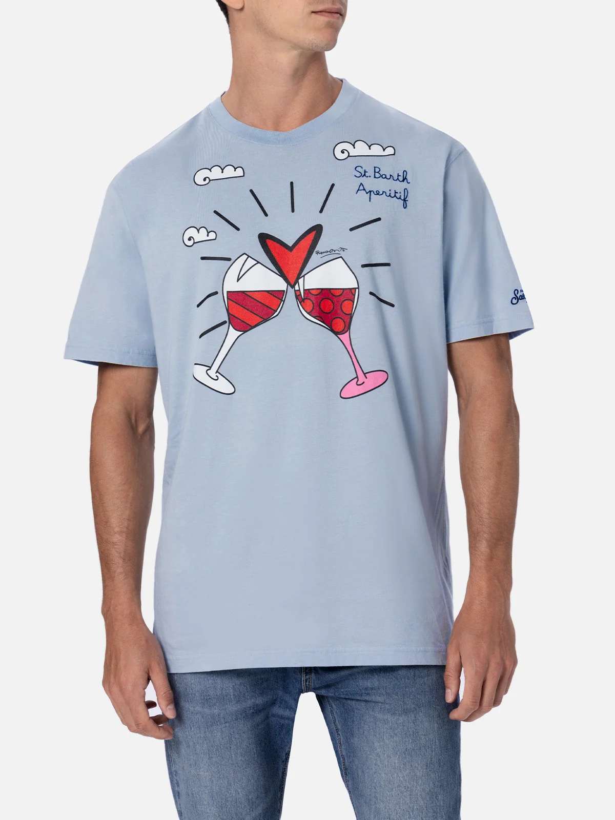 Britto t-shirt with glasses print and embroidery in light blue | Special Edition - Image 2