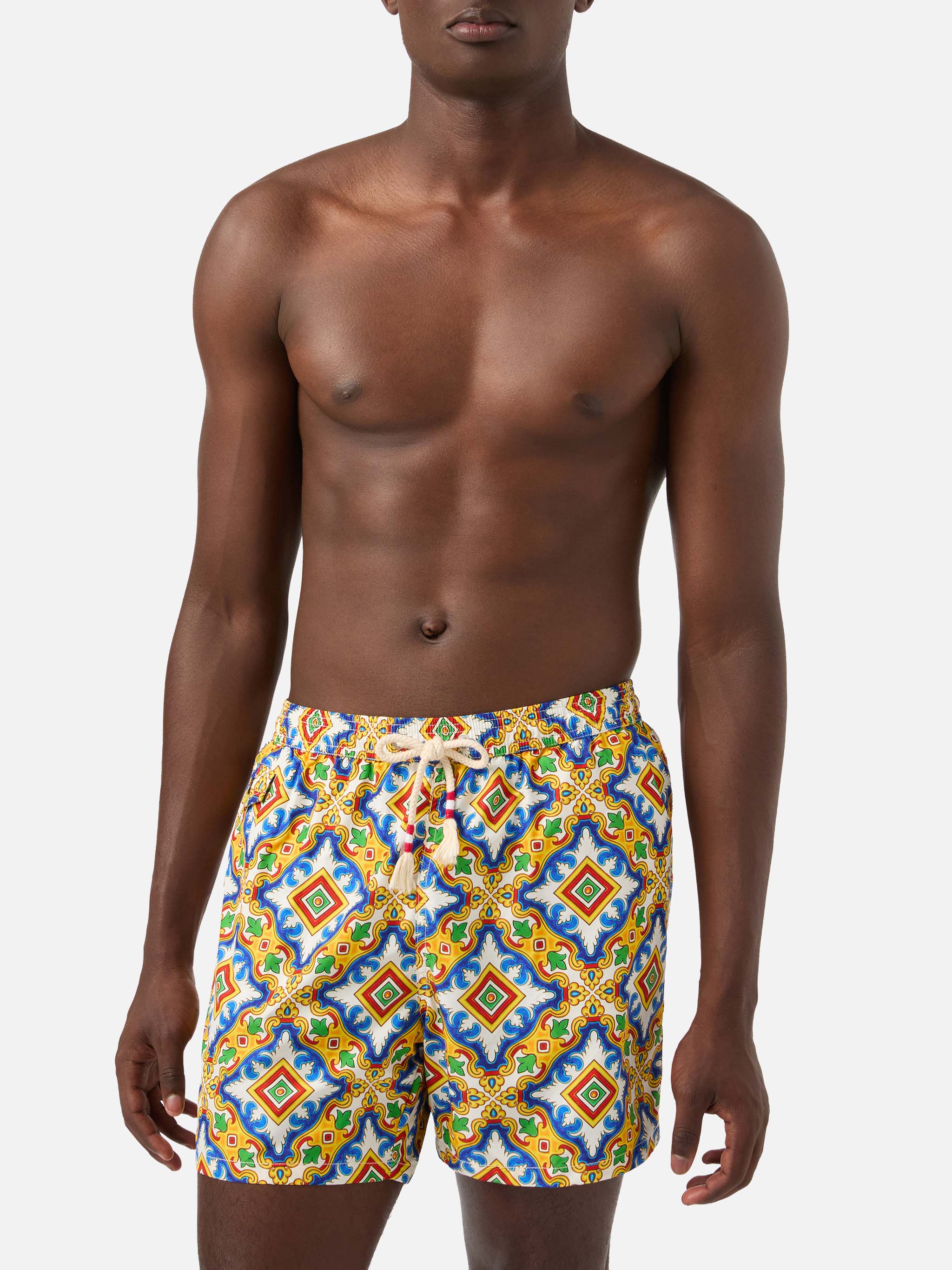 Lighting white multicolor majolica print technical fabric swim shorts - Image 3