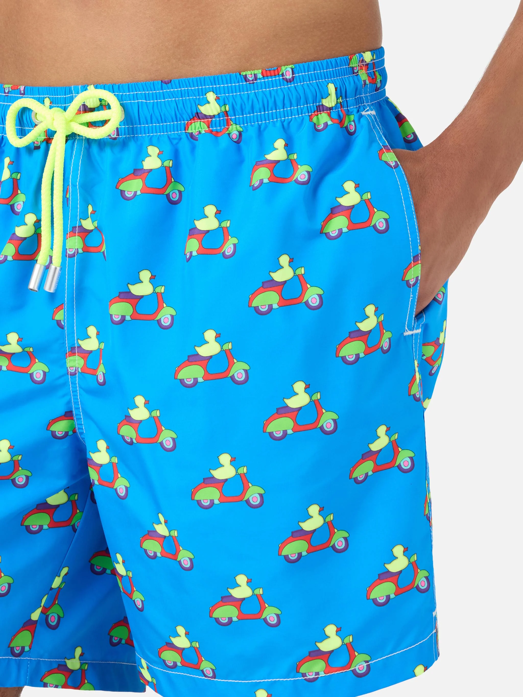 Blue swim shorts with ducks on scooters print | Special Edition - Image 4