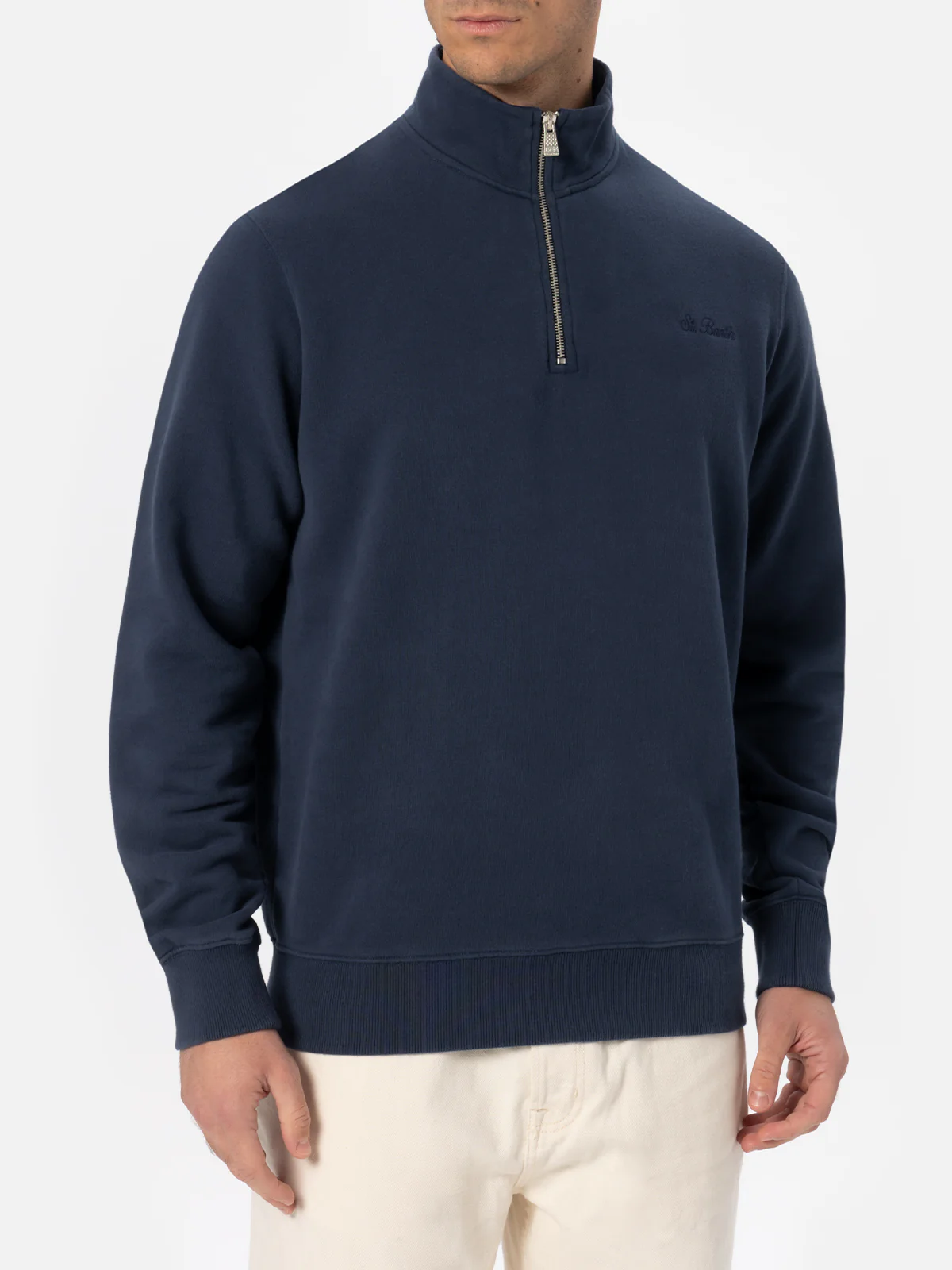 Dunkan half zip cotton sweatshirt in navy blue solid color with logo embroidery