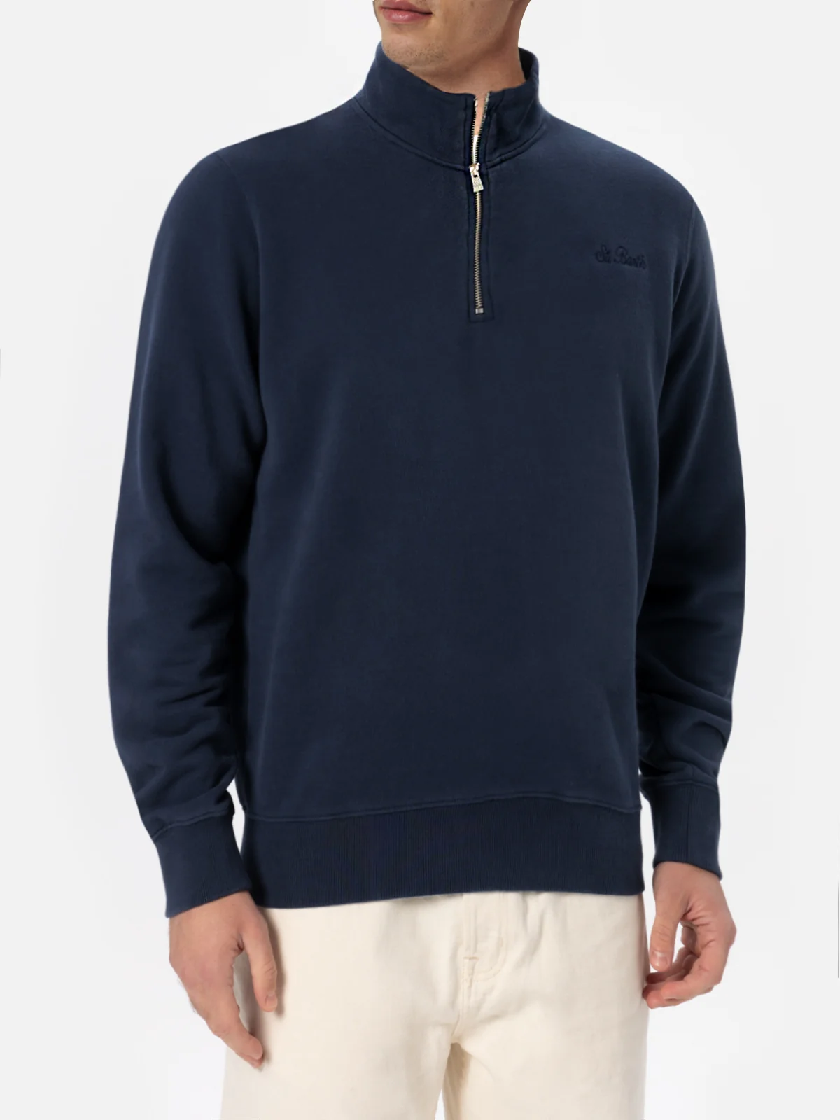 Dunkan half zip cotton sweatshirt in navy blue solid color with logo embroidery - Image 3