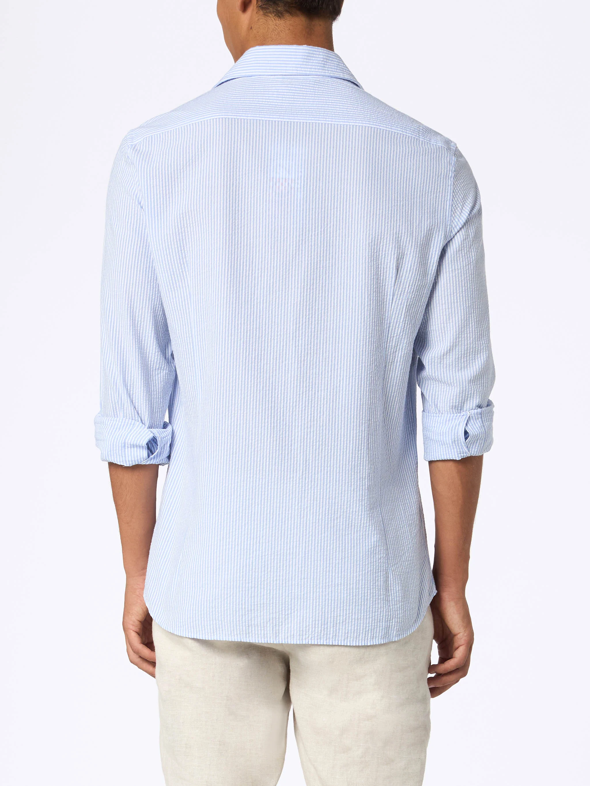 Man seersucker cotton shirt Pamplona with light blue stripes - Image 3