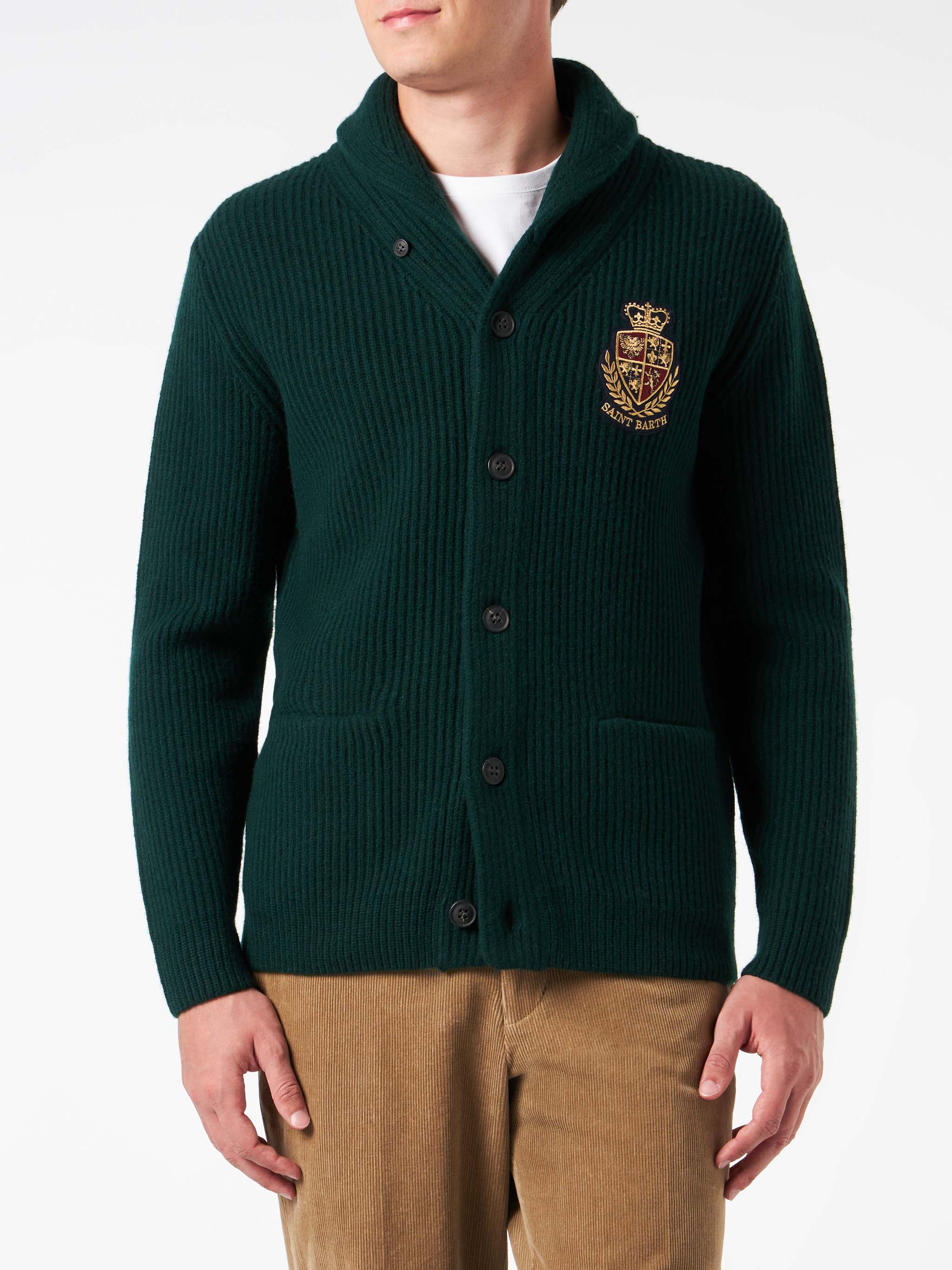 Burford green ribbed shawl collar cardigan with patch