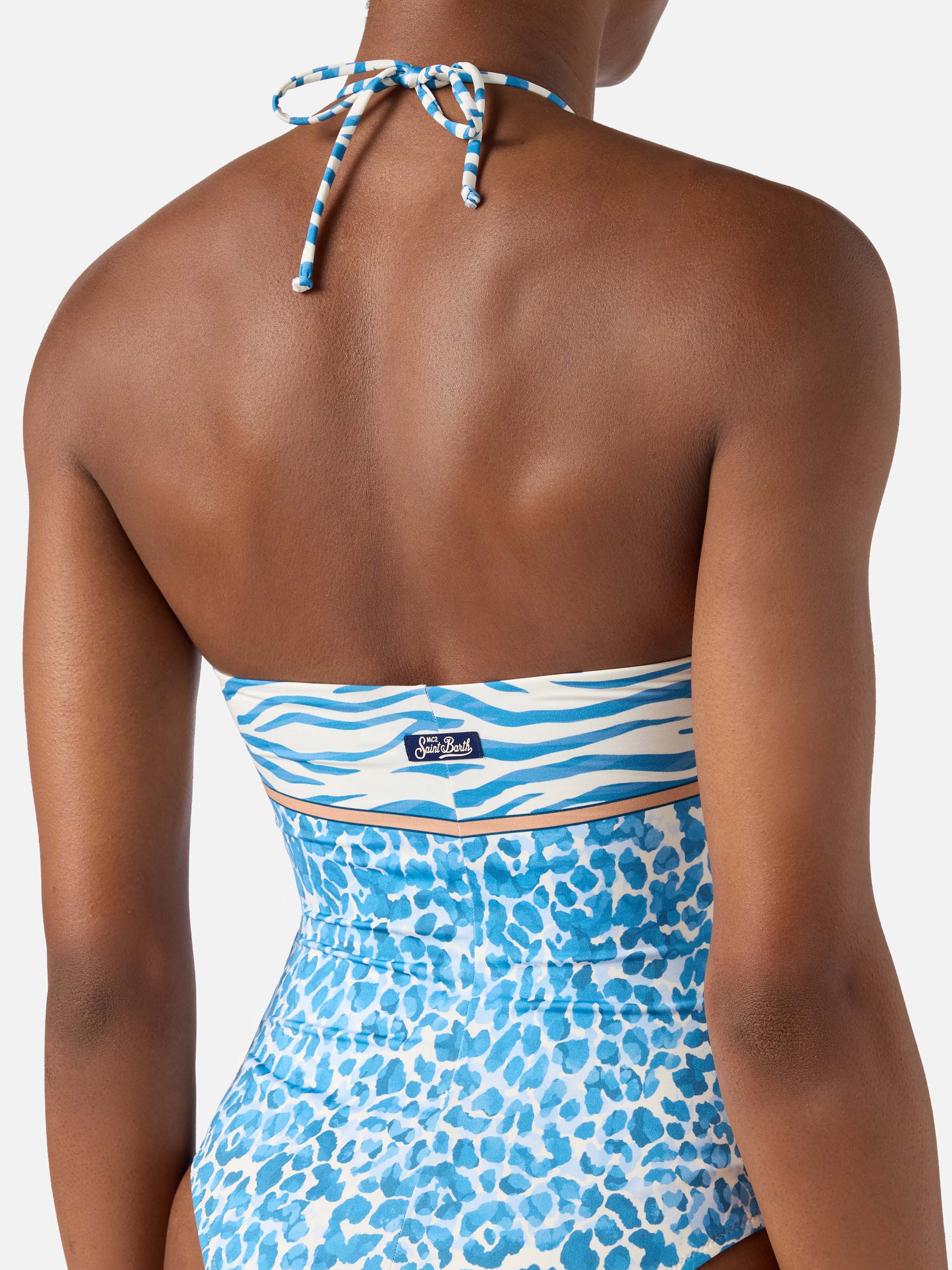 Meryem one-piece swimsuit with light blue leopard animal print - Image 3