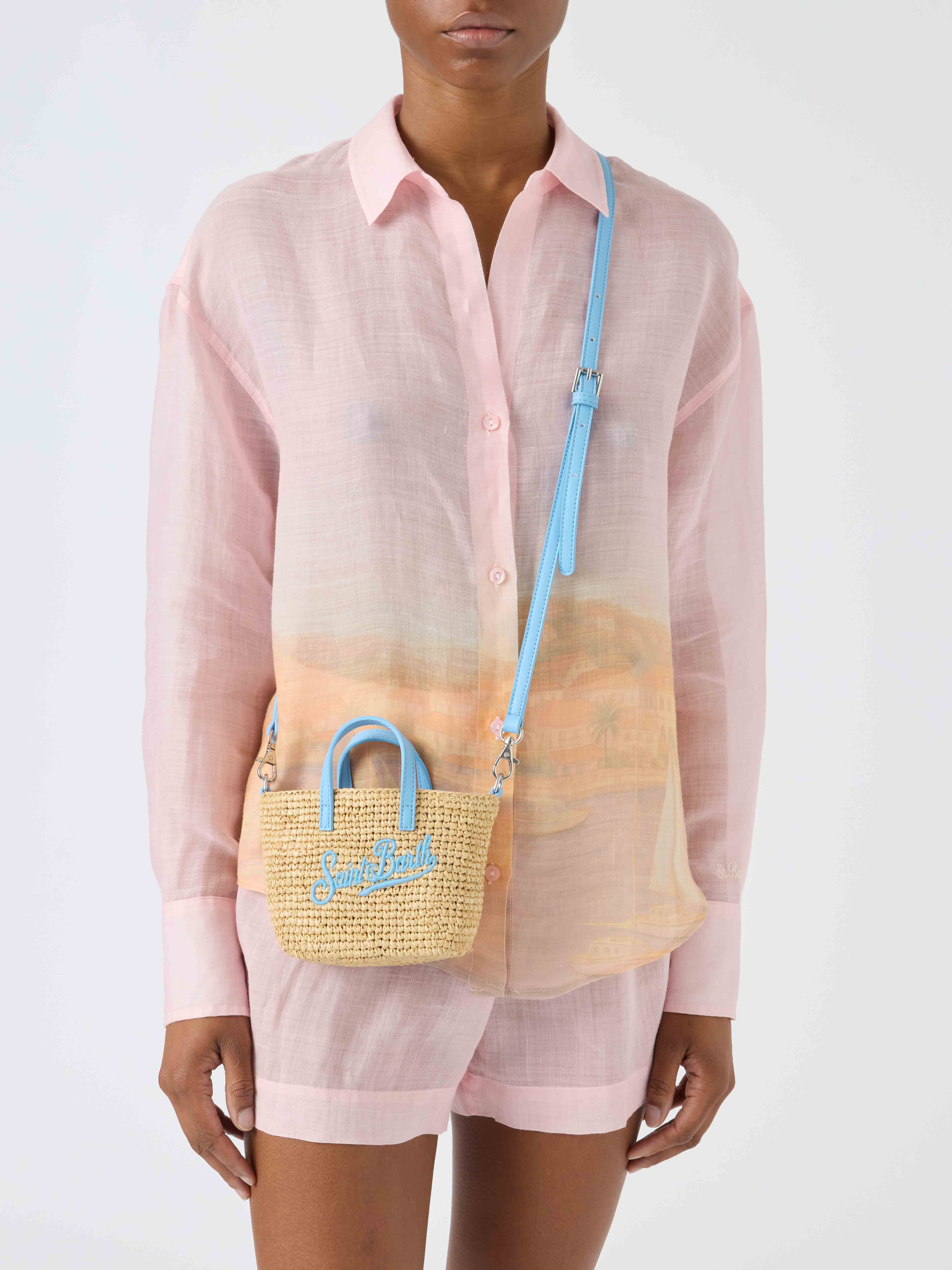 Micro City raffia bag with contrasting light blue embroidered logo - Image 2