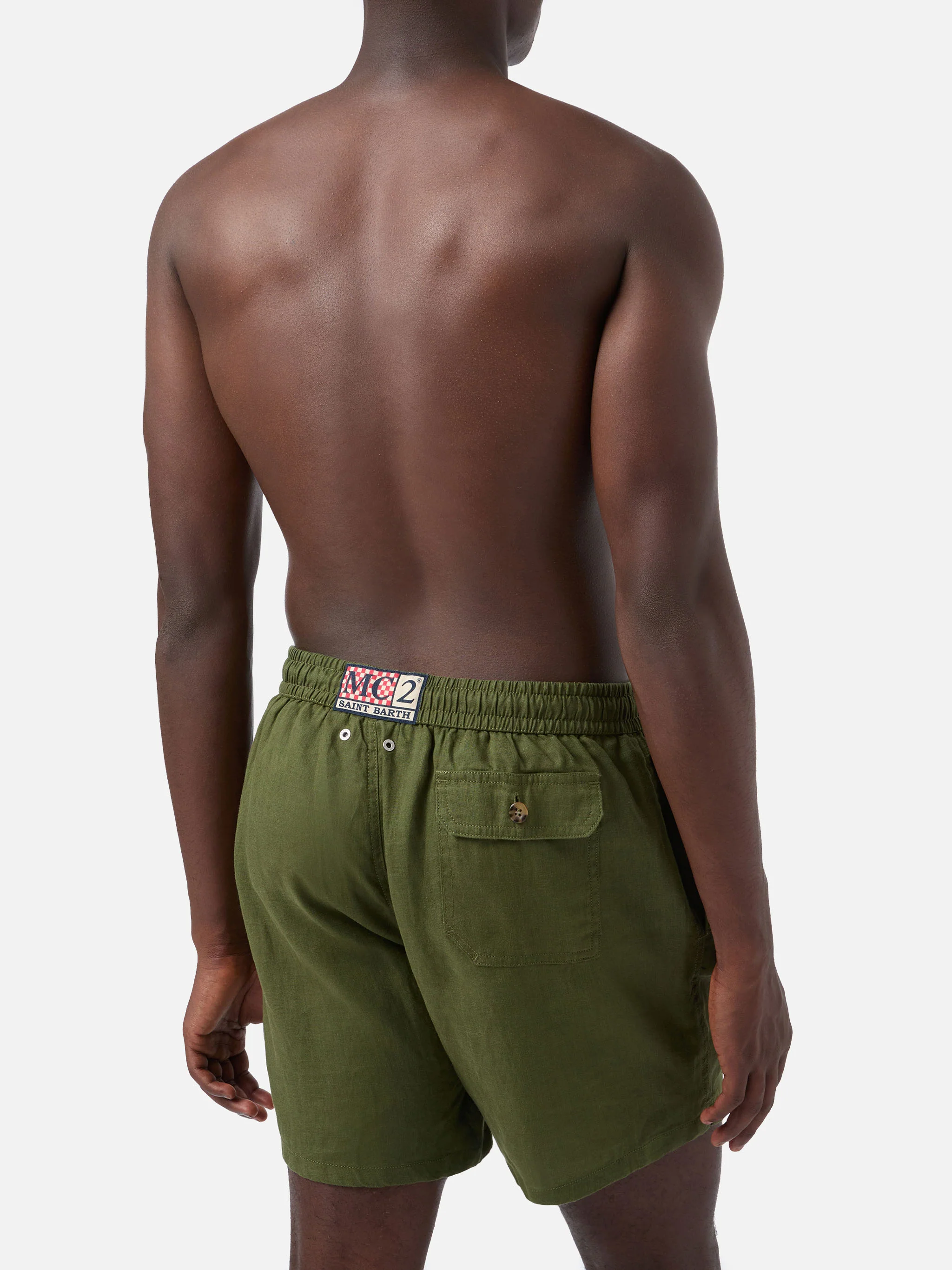 Gustavia military green plain-color linen swim shorts - Image 5