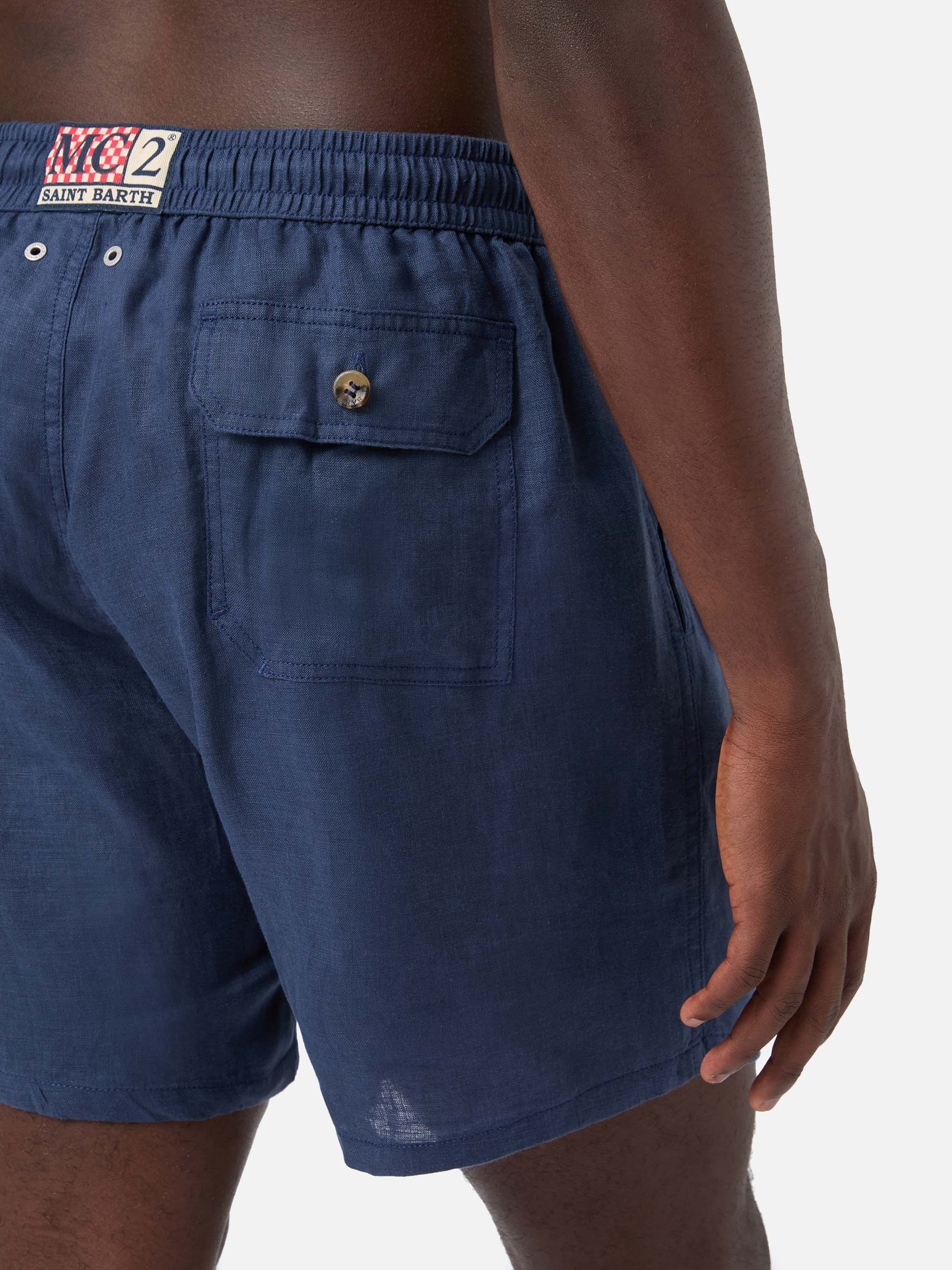 Gustavia blue plain-color linen swim shorts - Image 6