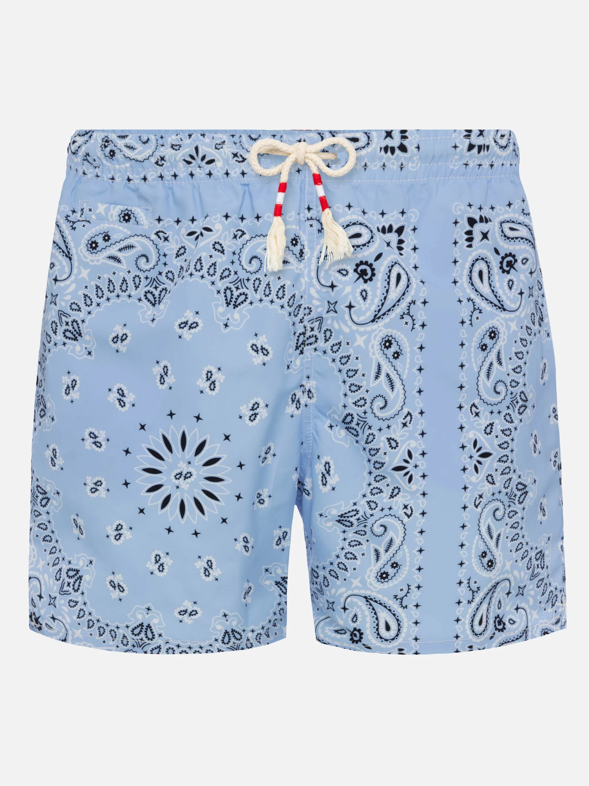 Mid-length swim-shorts Caprese with sky blue bandana print