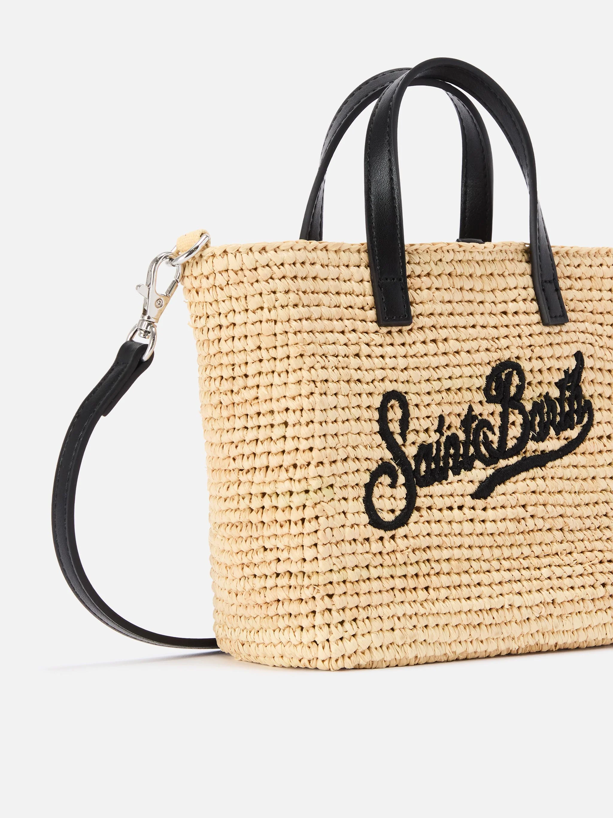 Mini City raffia bag with contrasting black embroidered logo - Image 2