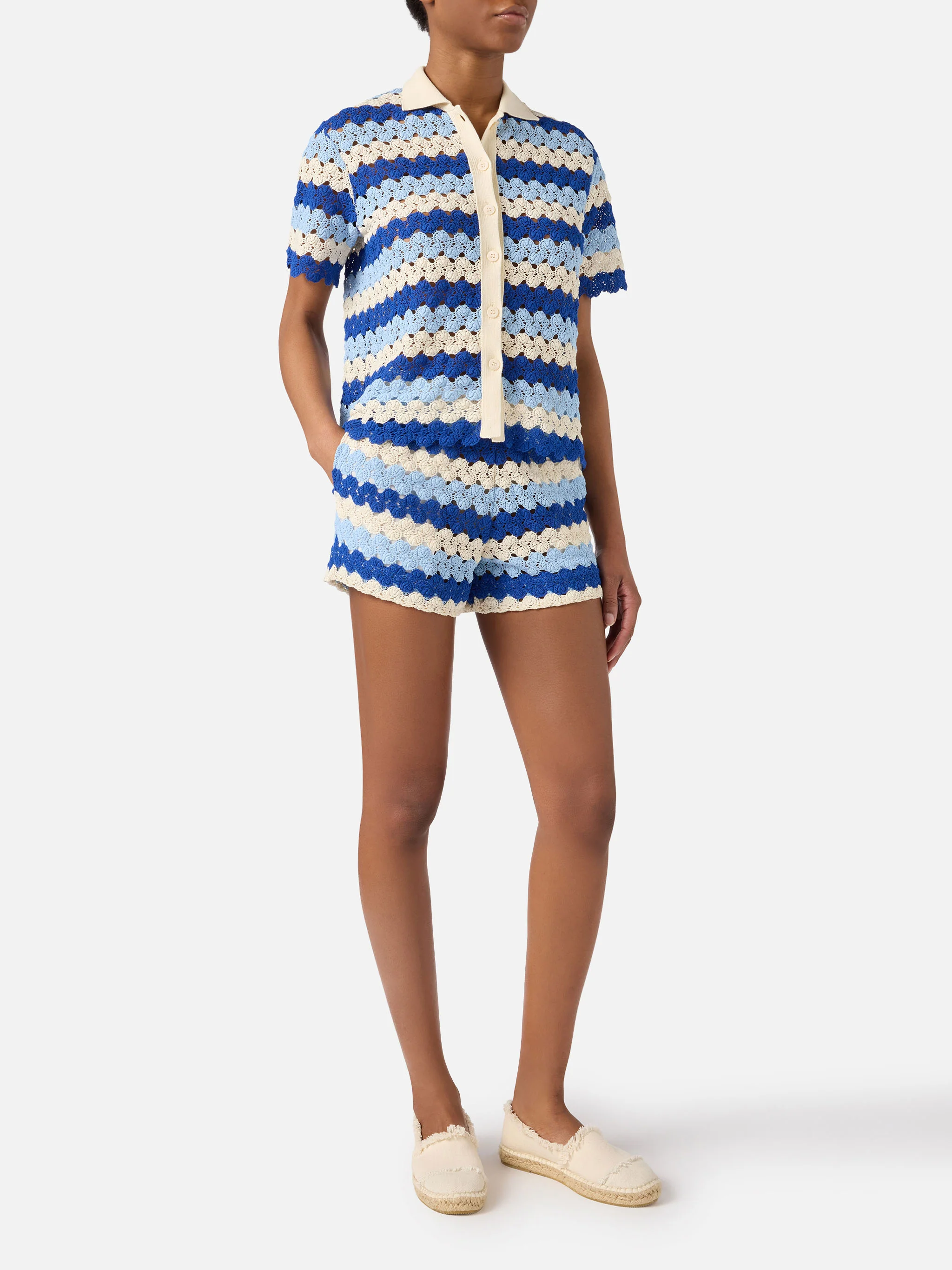 Monet crochet-effect cotton knit polo with striped pattern - Image 4