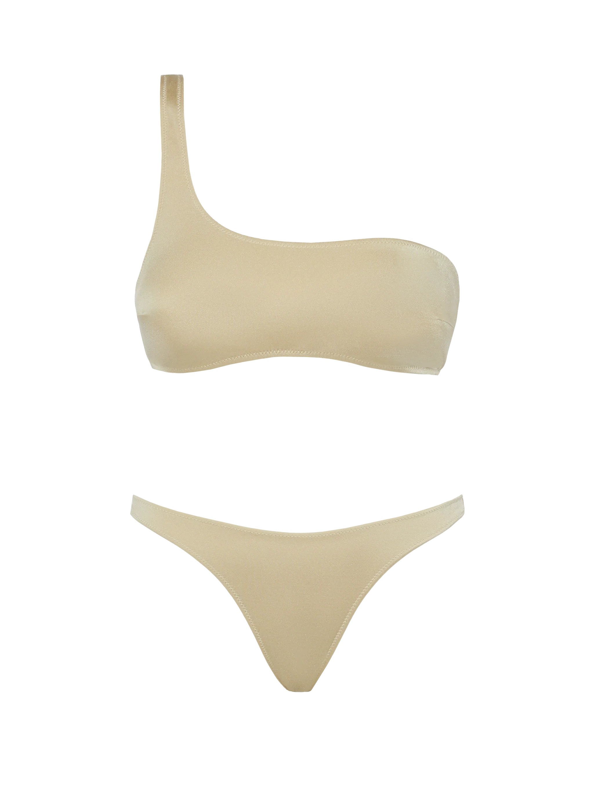 Celestine Naomi shimmer gold bikini with one shoulder bralette top and cheeky briefs