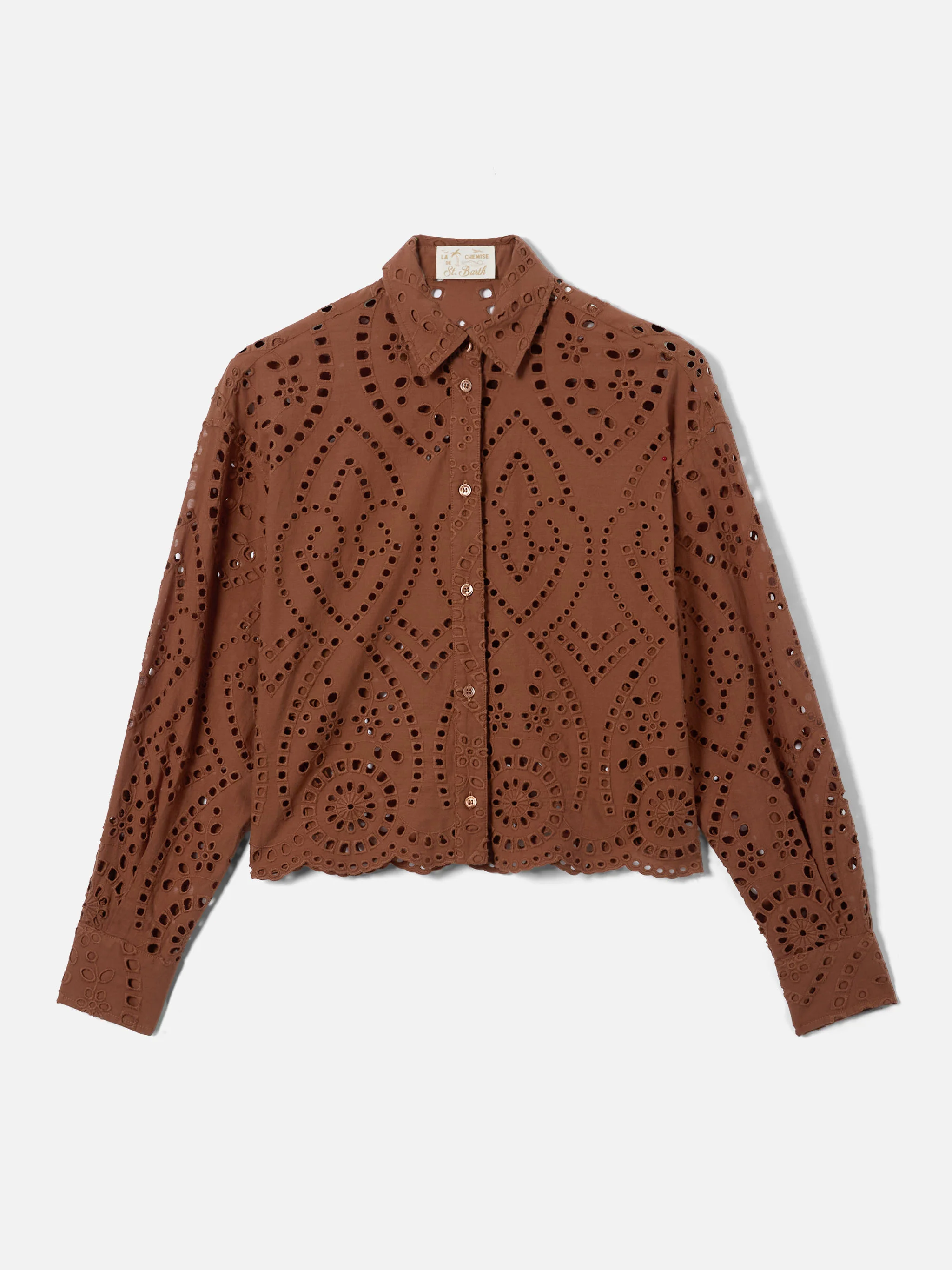 Oriane cropped sangallo cotton shirt in brown - Image 6