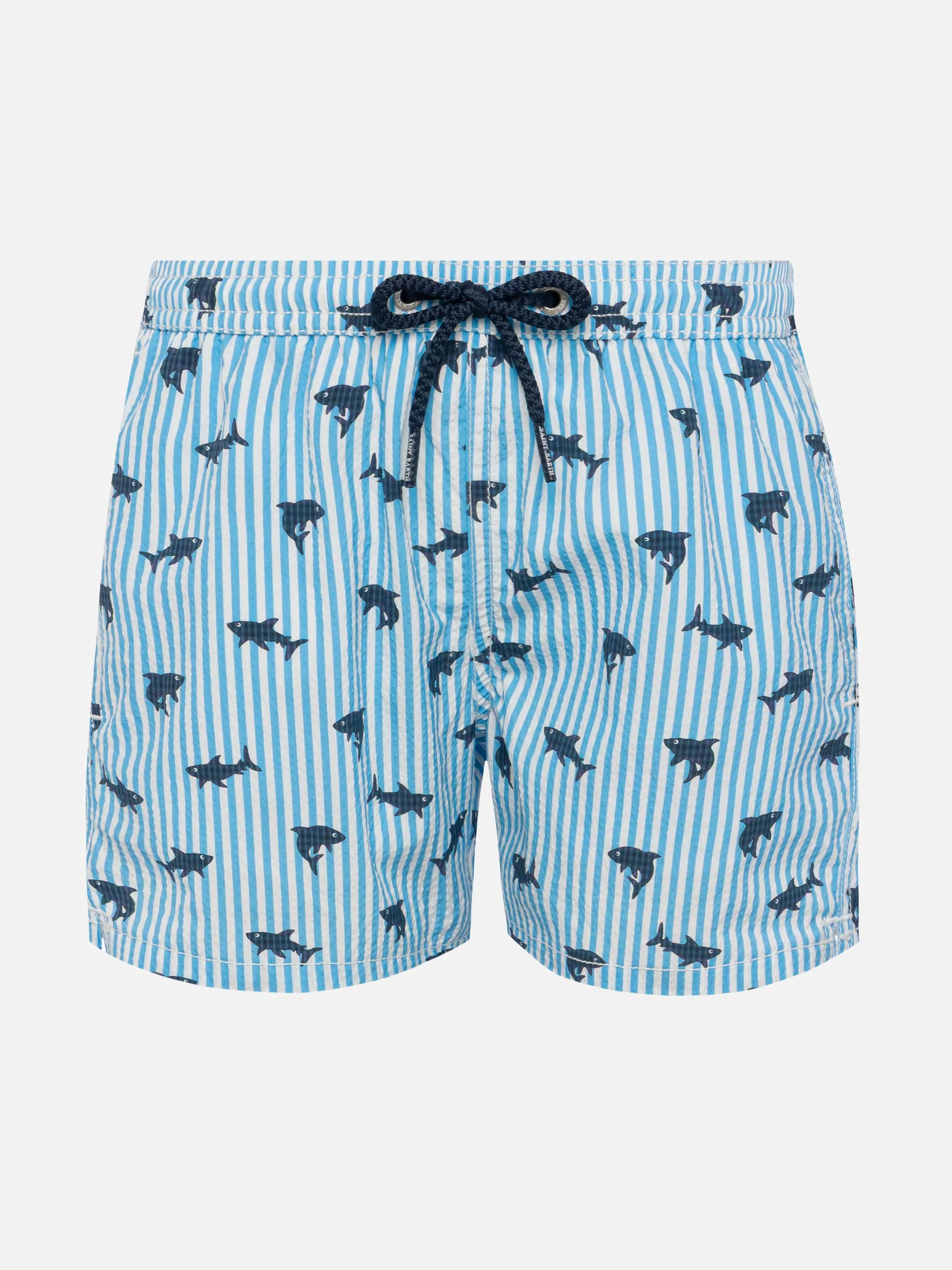 Patmos Jr seersucker striped mid-length swim shorts with shark print