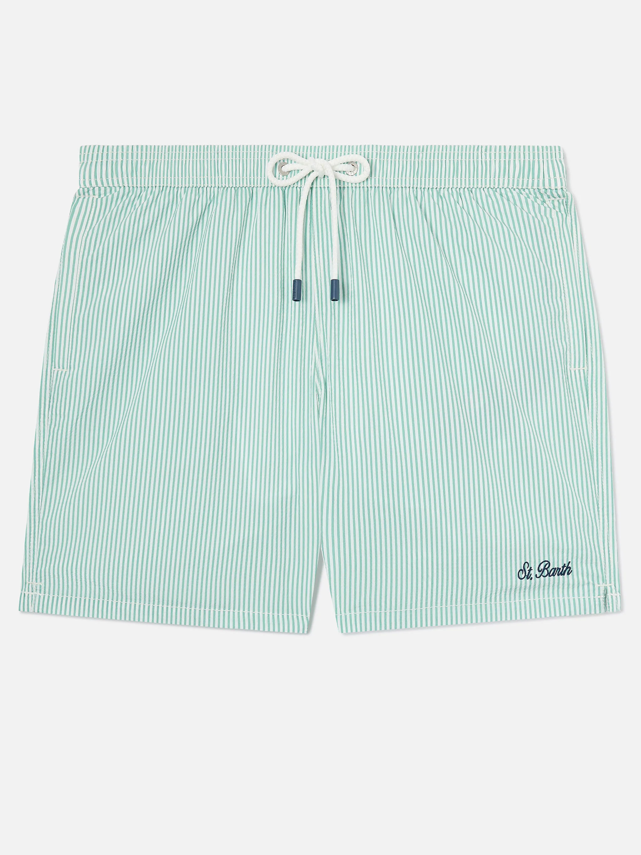 Patmos seersucker striped swim shorts in sage green and white