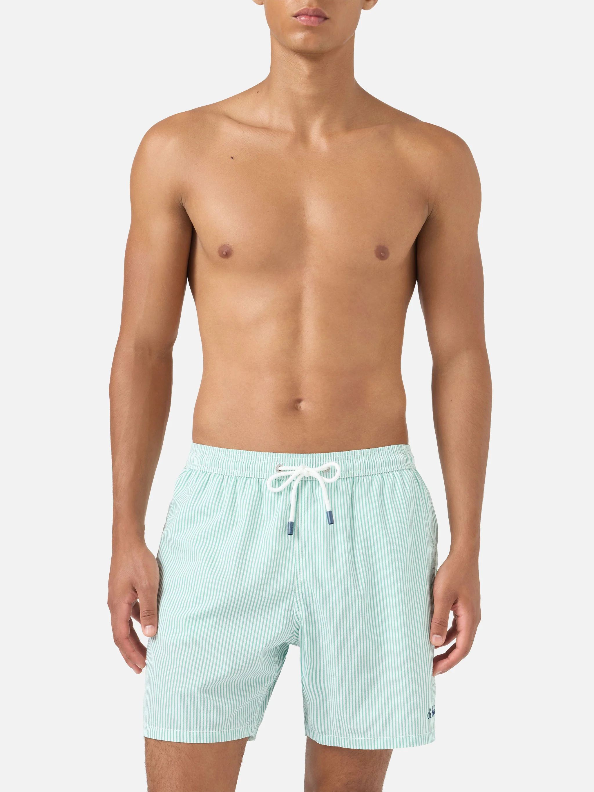 Patmos seersucker striped swim shorts in sage green and white - Image 3
