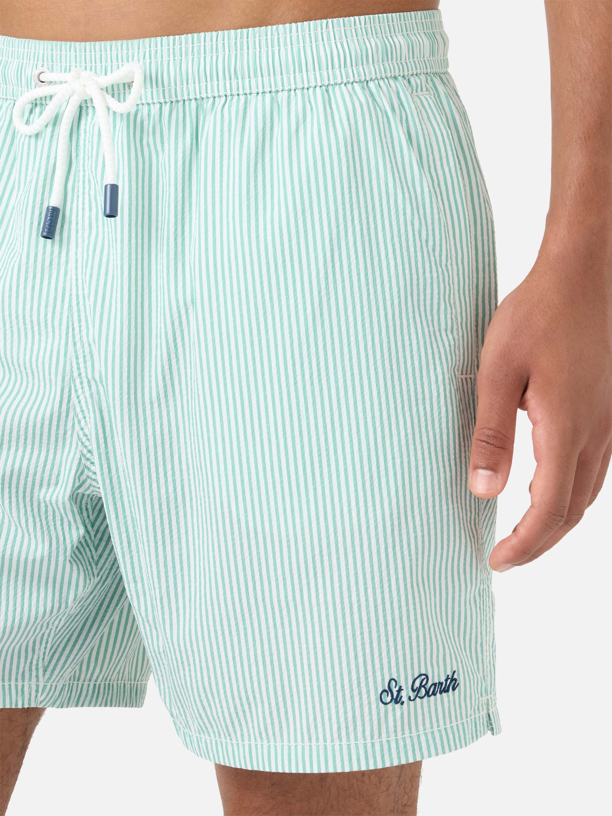Patmos seersucker striped swim shorts in sage green and white - Image 4