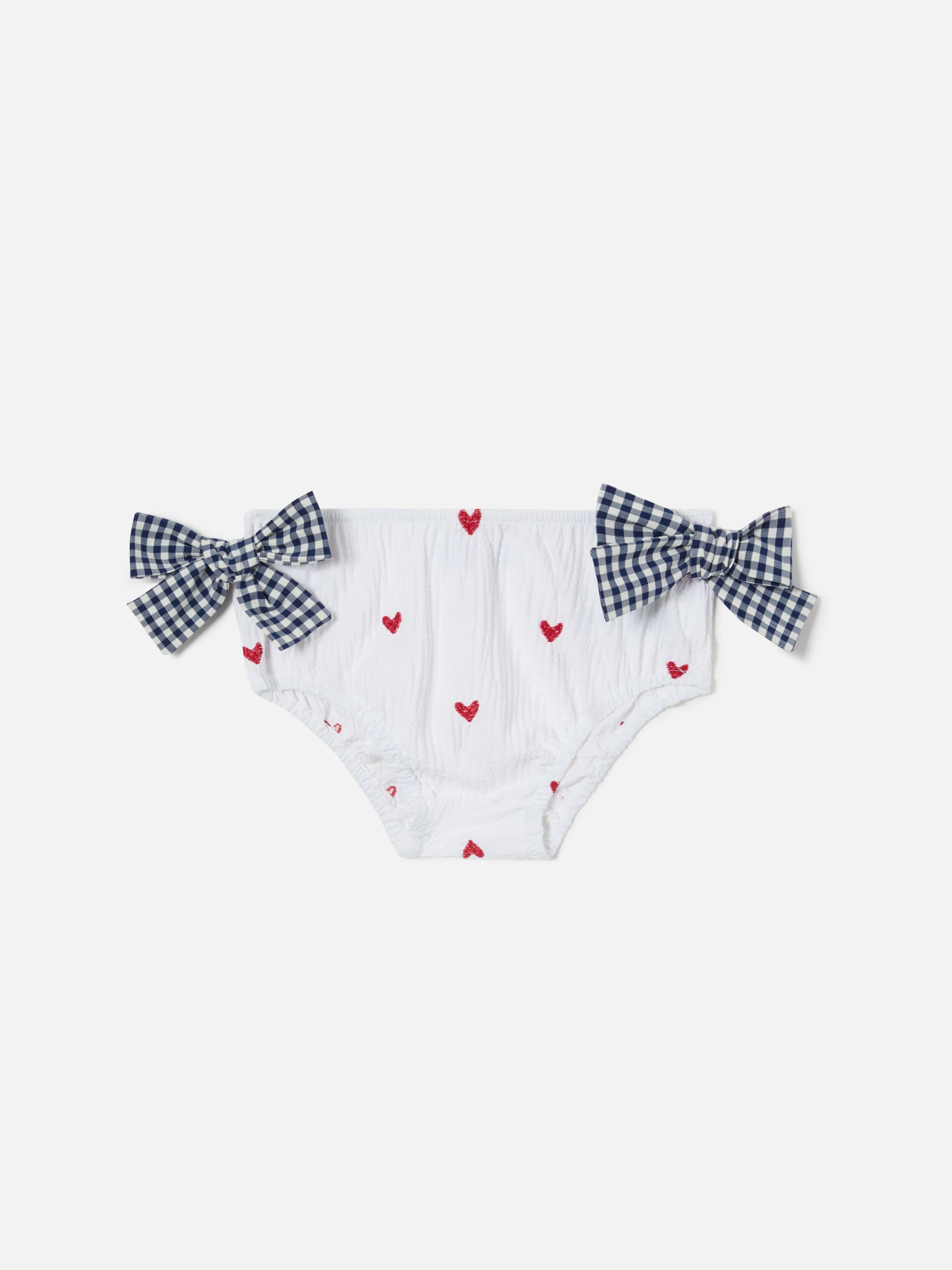 Rainbow swim bloomer in seersucker with hearts and vichy bows