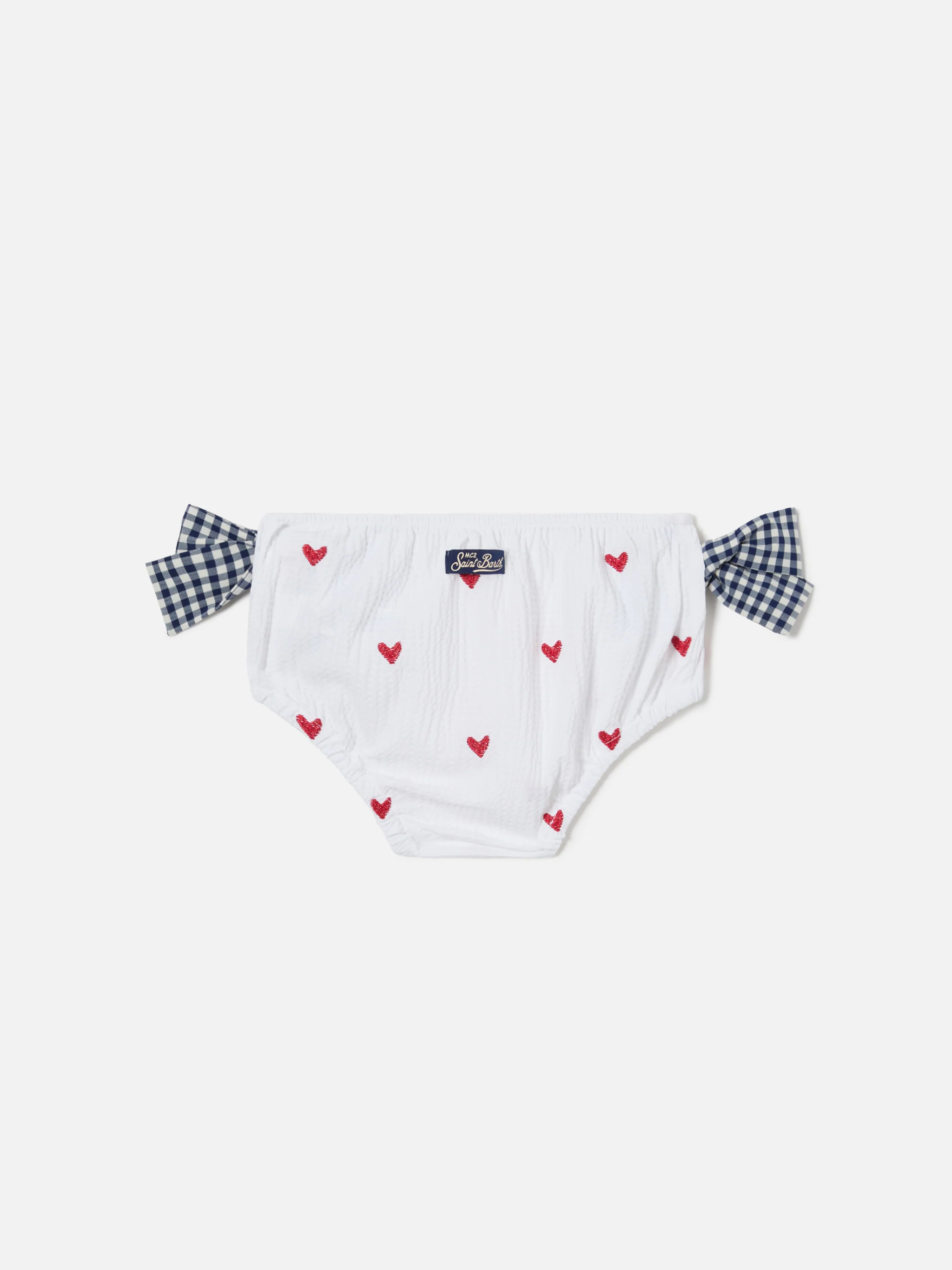 Rainbow swim bloomer in seersucker with hearts and vichy bows - Image 2