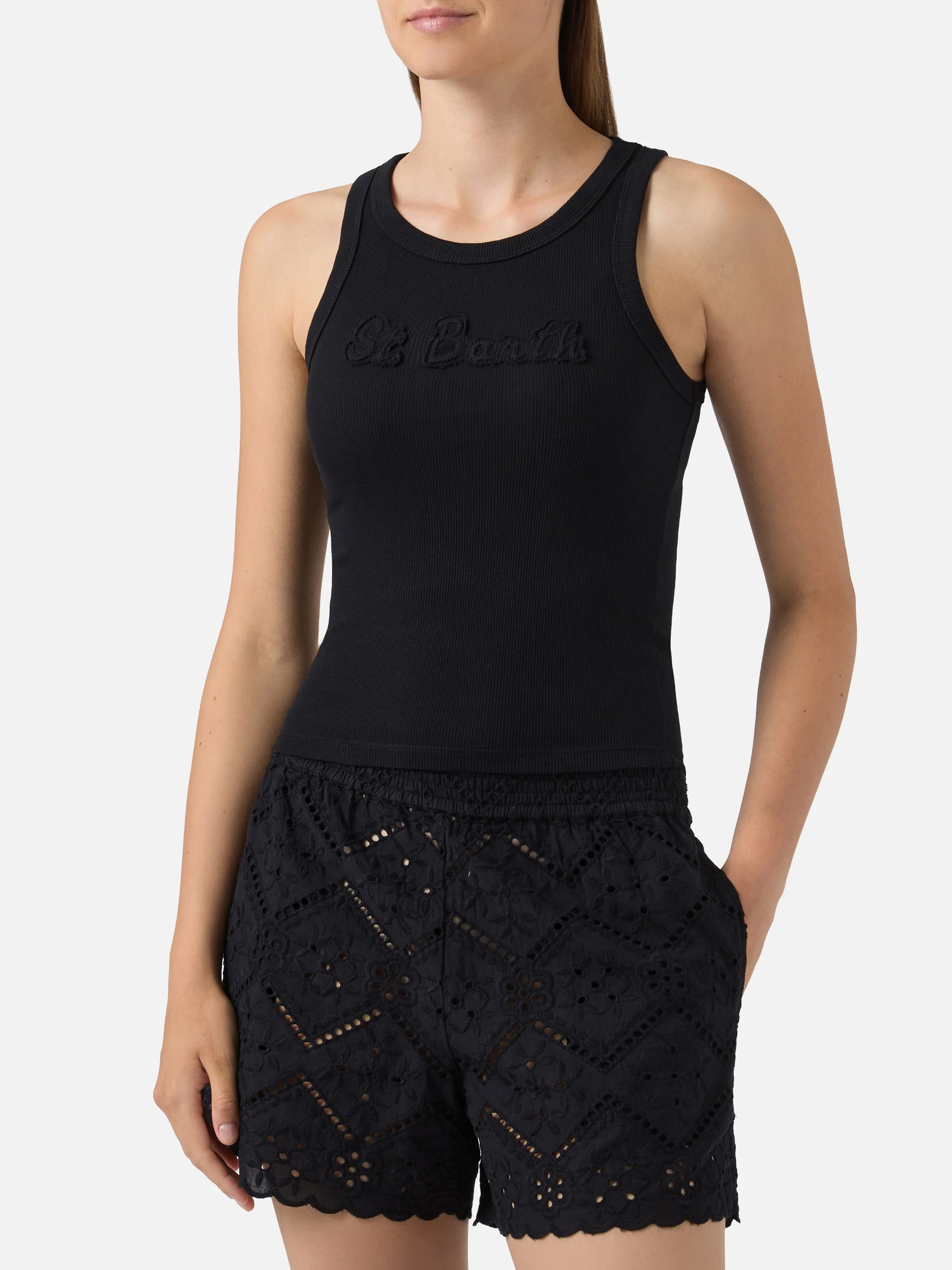 Ribbed black Ada tank top with raised logo patch - Image 2